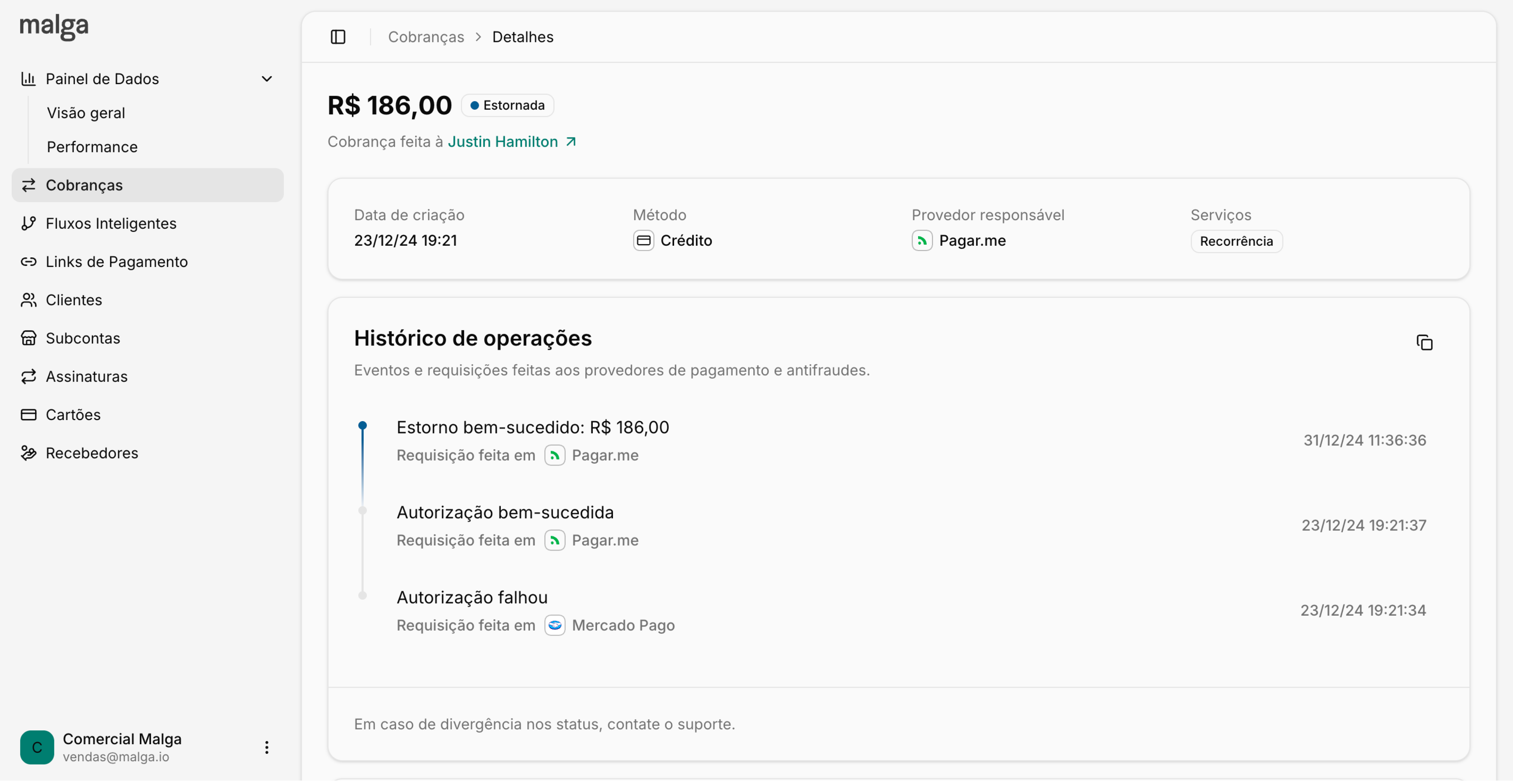 Detalhe de uma cobrança