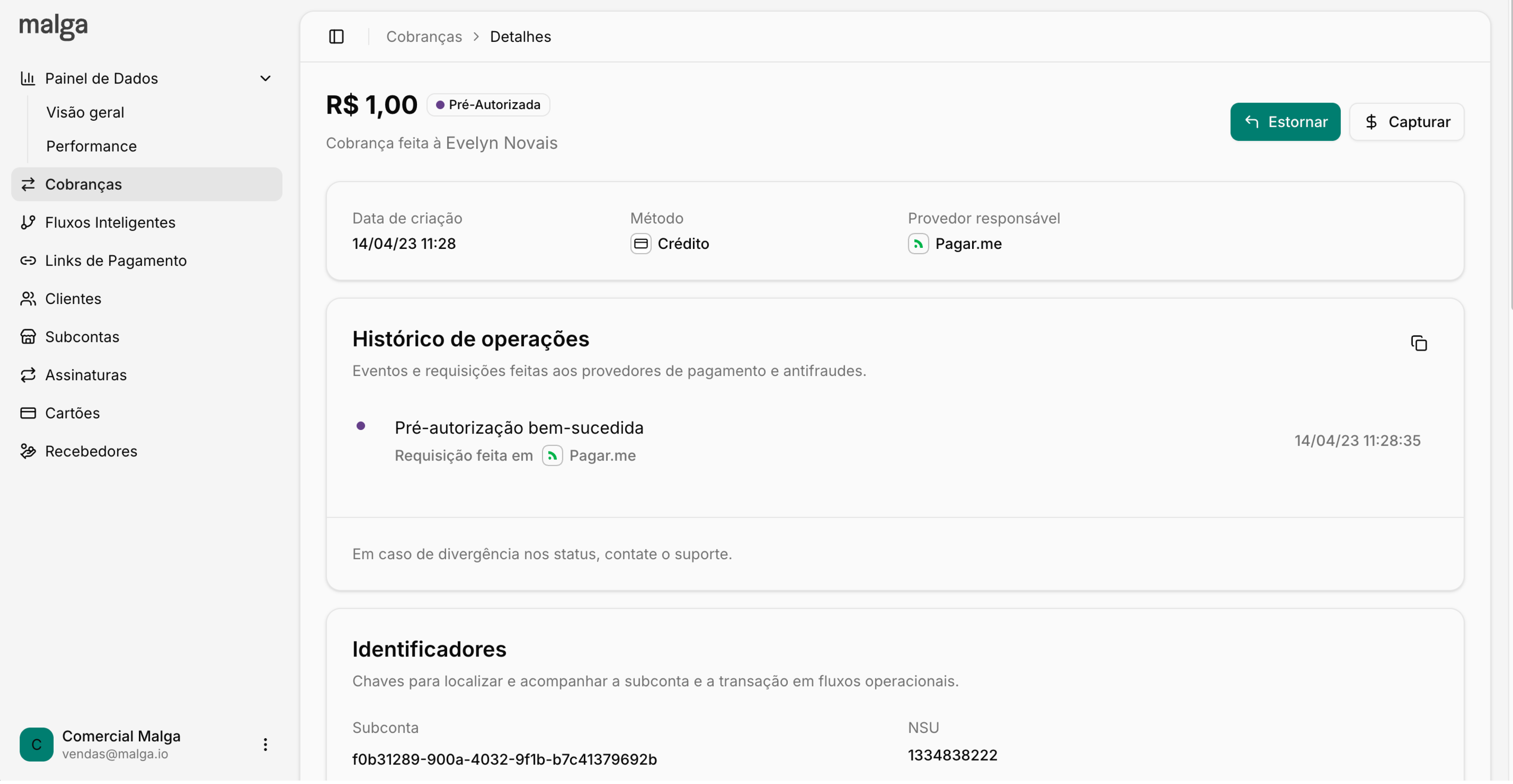 Estornar e Capturar no Detalhe de Cobrança