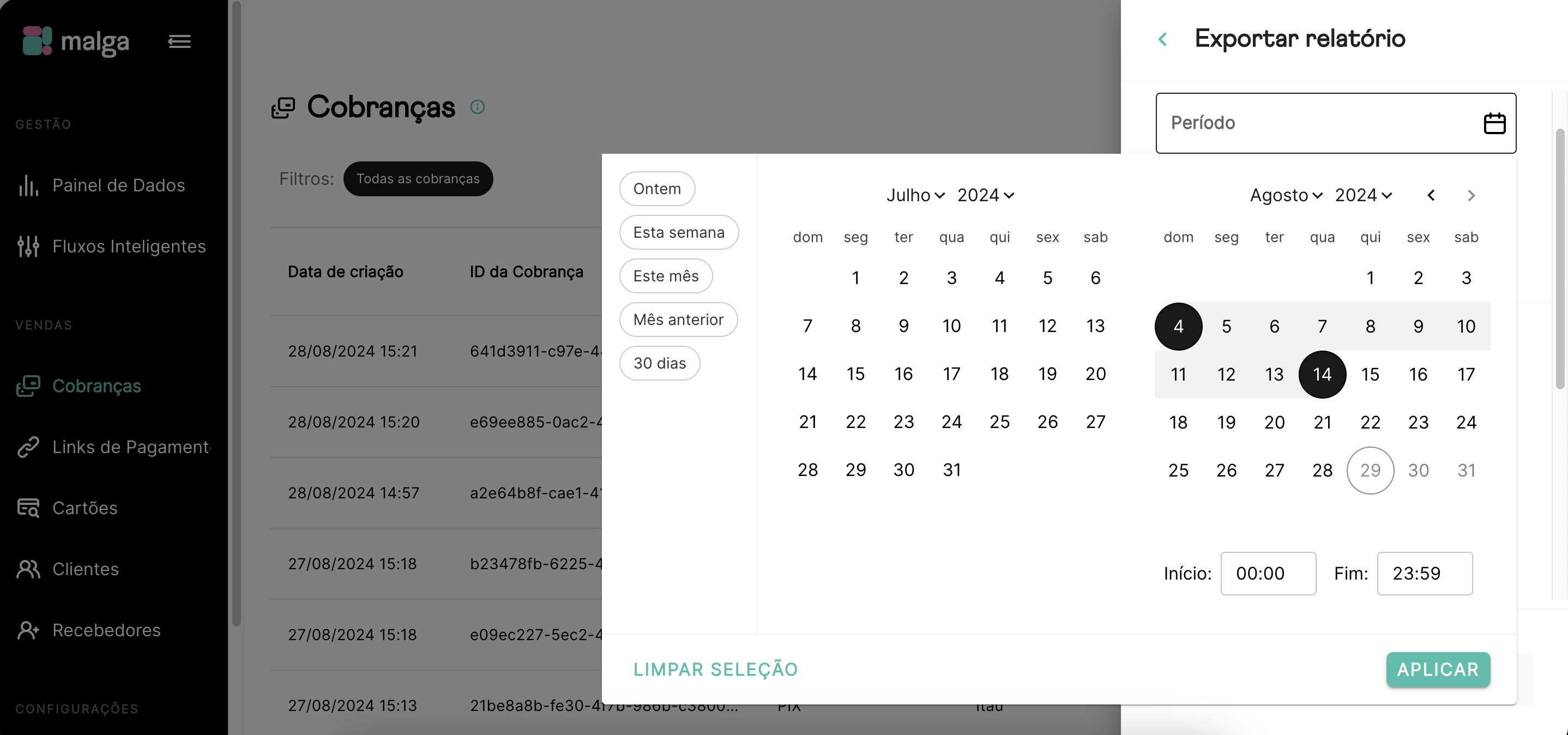 Filtro na exportação de dados
