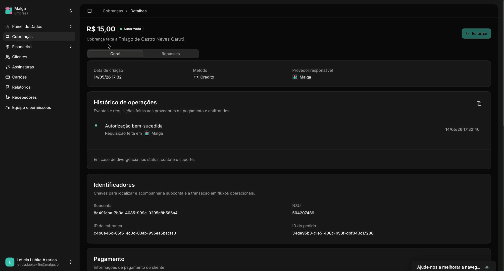 Detalhe da cobrança com as abas Geral e Repasses, mostrando as regras da divisão e os recebíveis