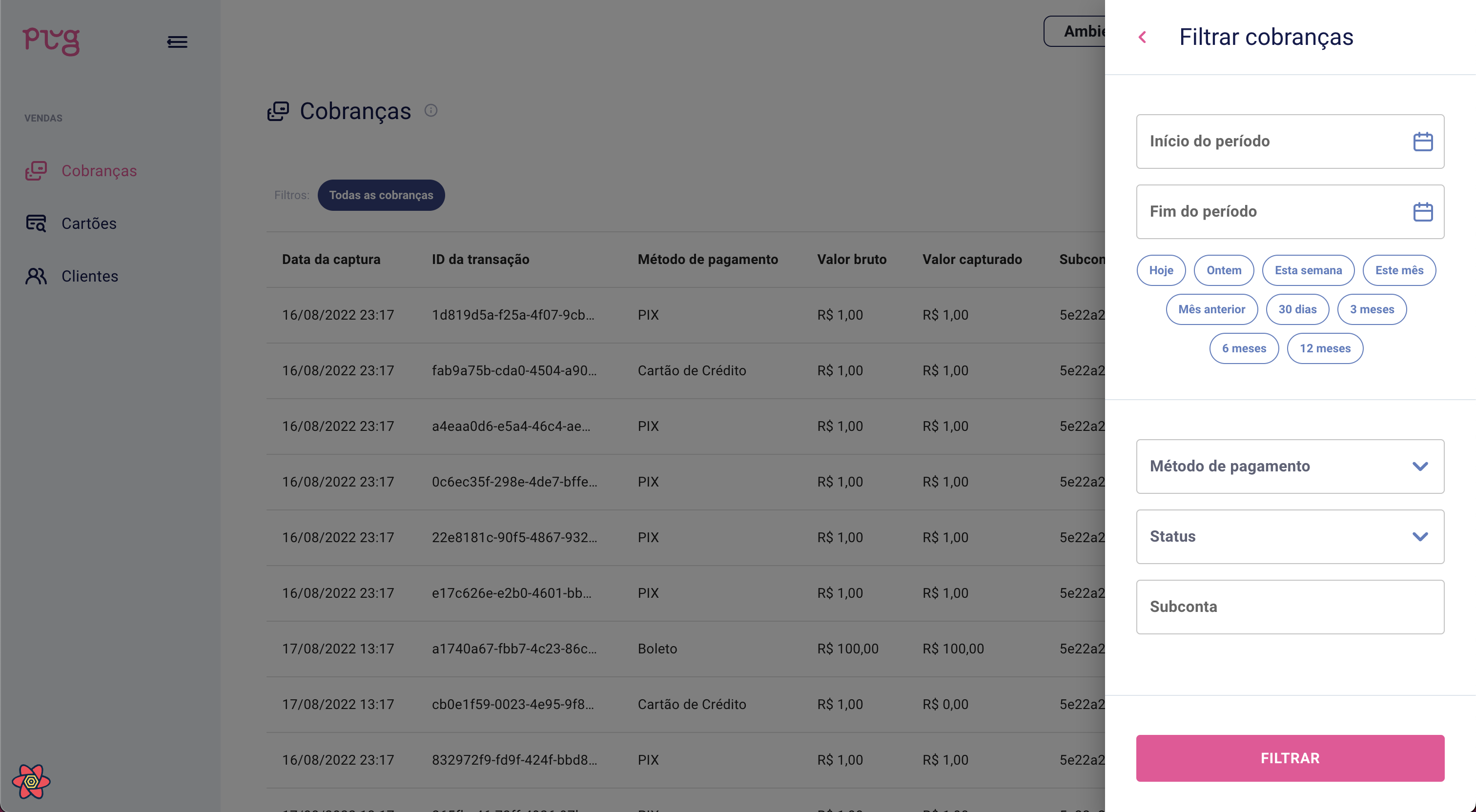 Filtro de cobranças por merchantId