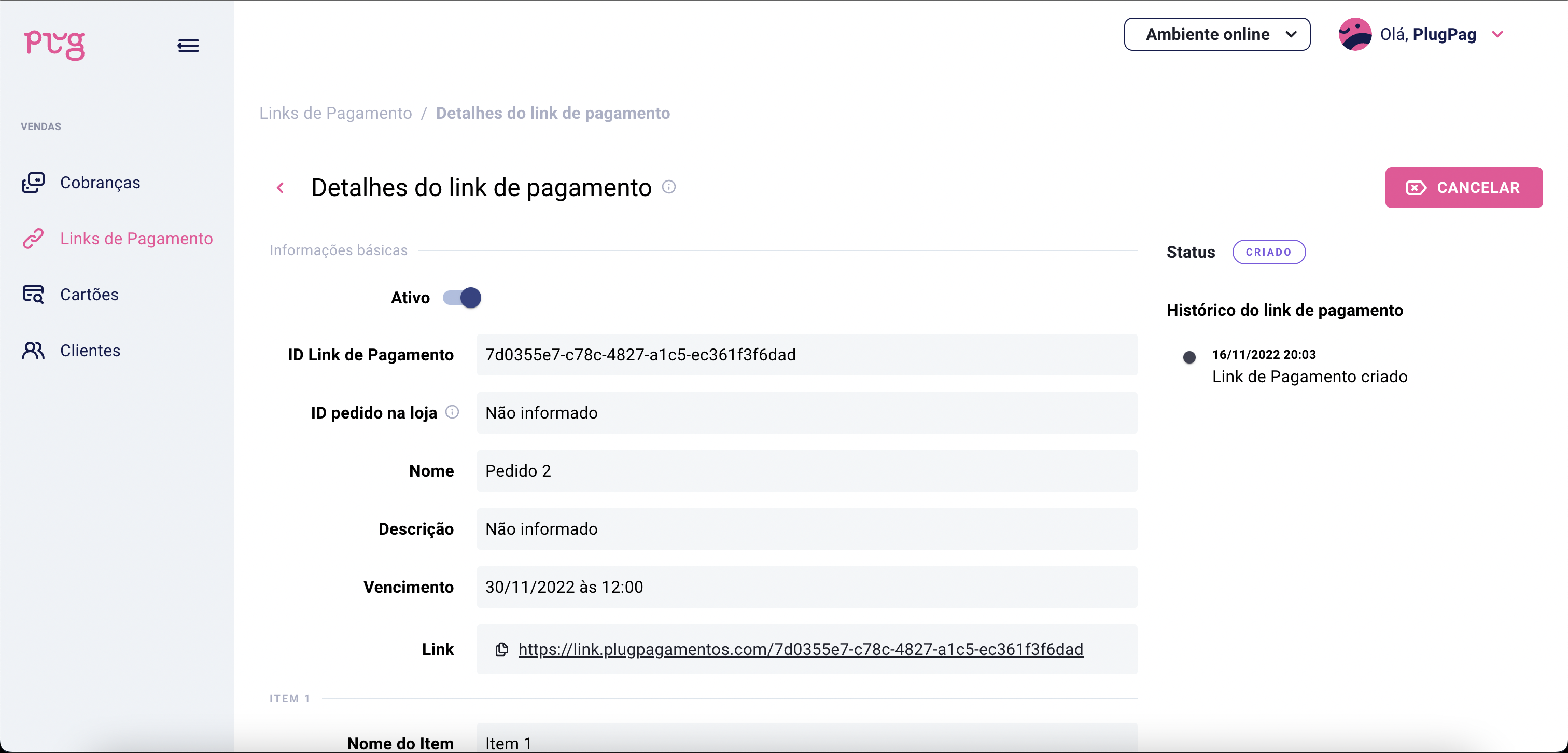 Detalhe de um Link de Pagamento