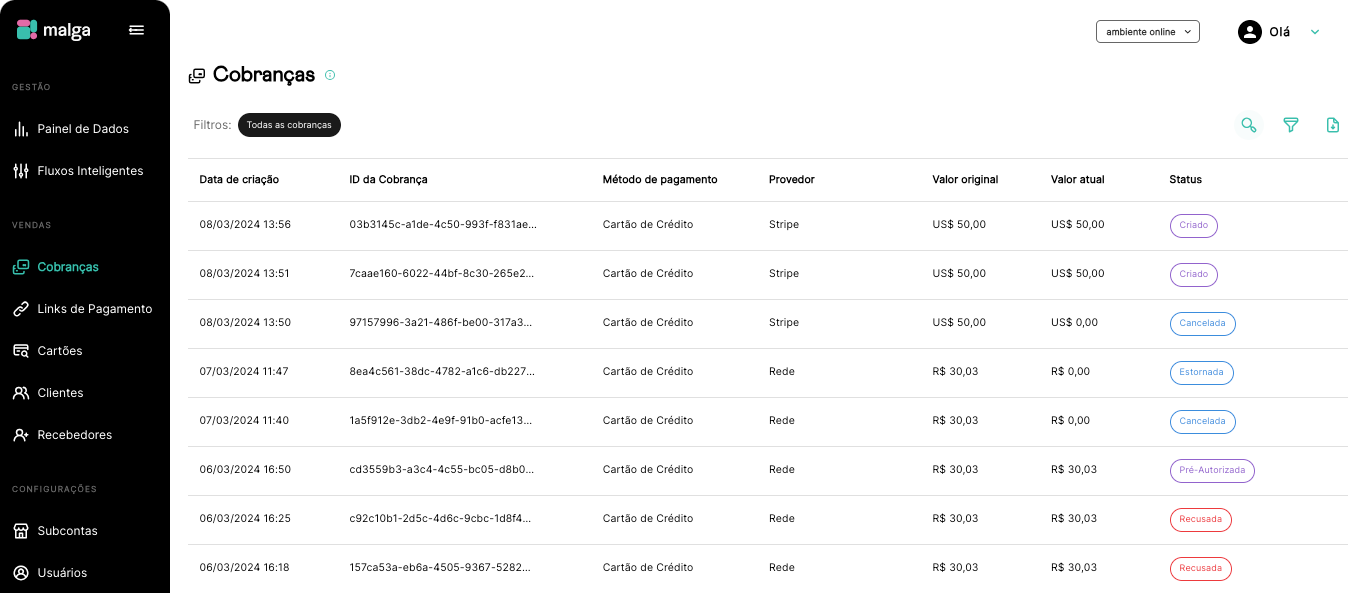 Imagem da Listagem de Cobranças com opções de Busca, Filtros e Exportação