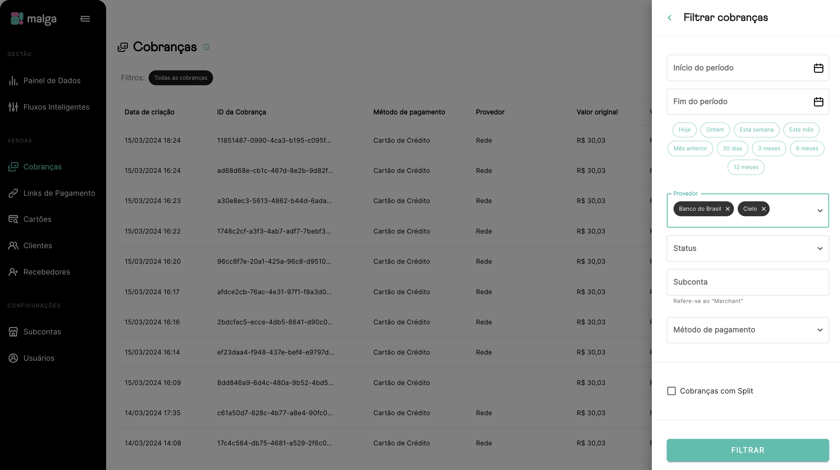 Imagem do Filtro de cobranças na Dashboard