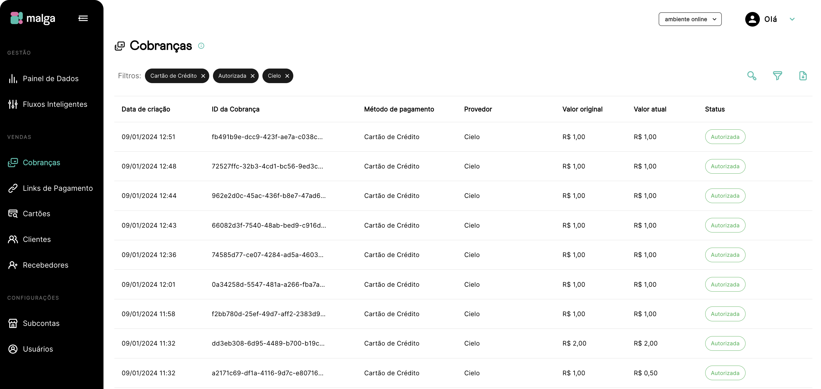 Imagem da Listagem de Cobranças na Dashboard