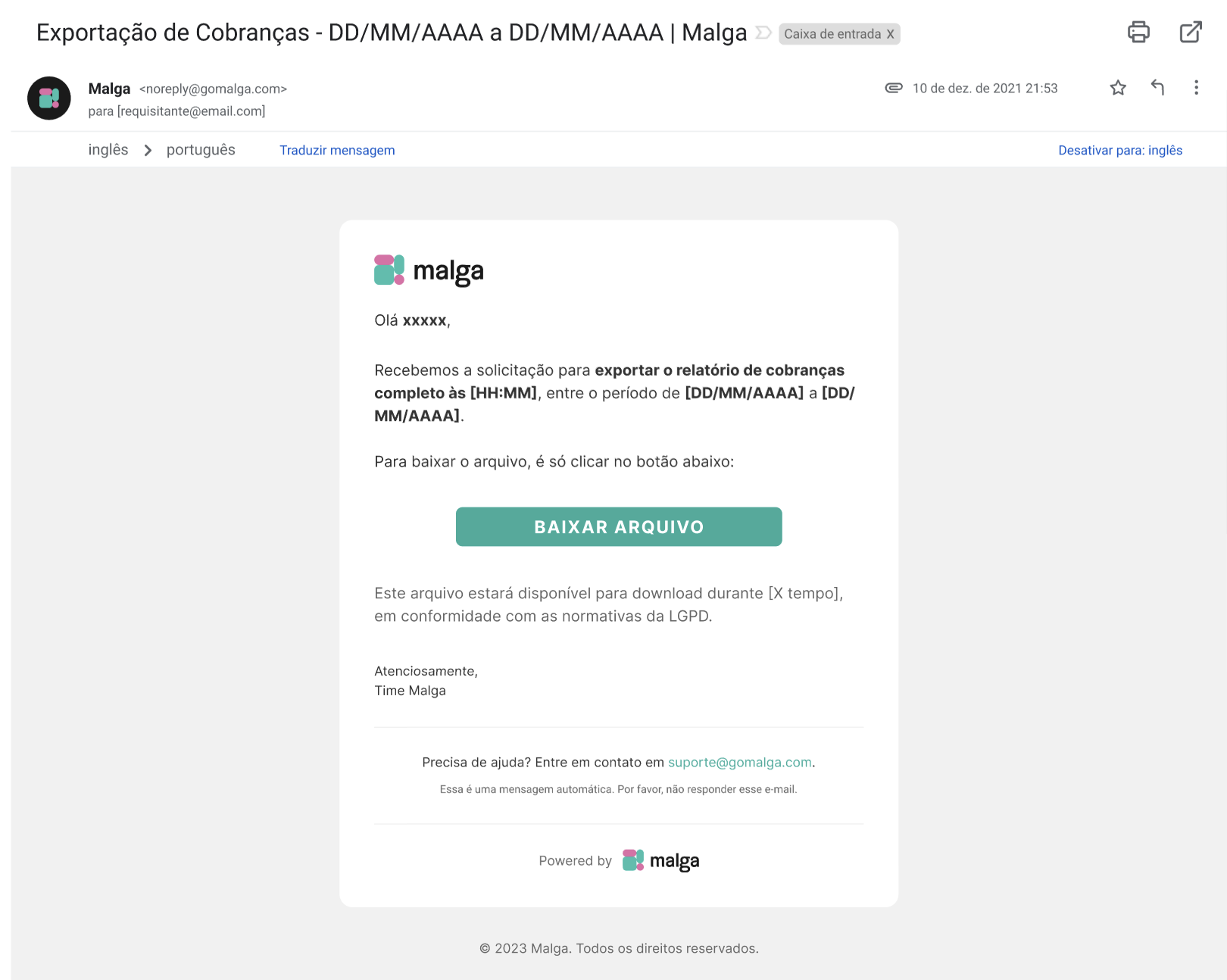 Email com o link para download do relatório