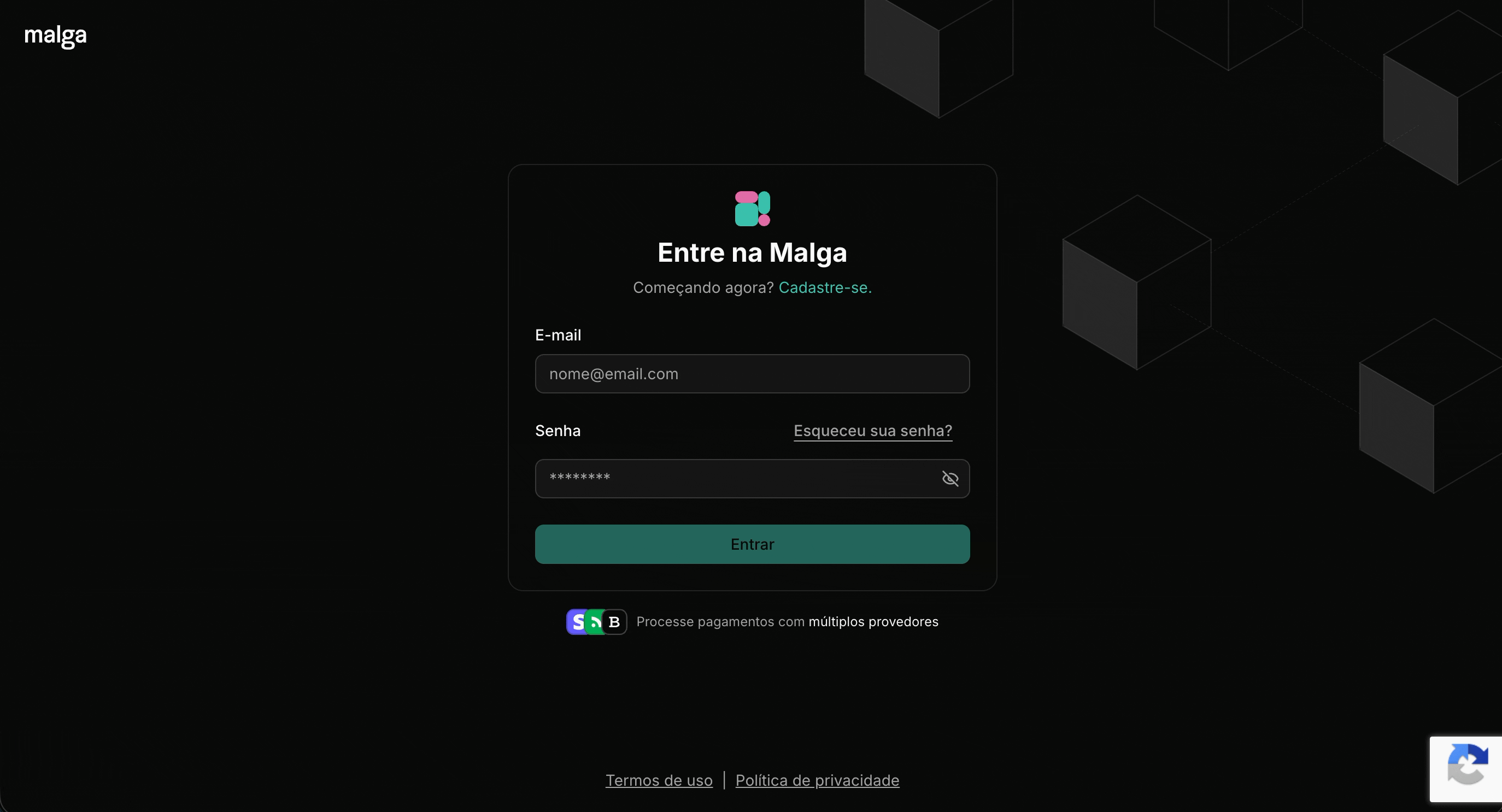 Nova tela de login da Malga