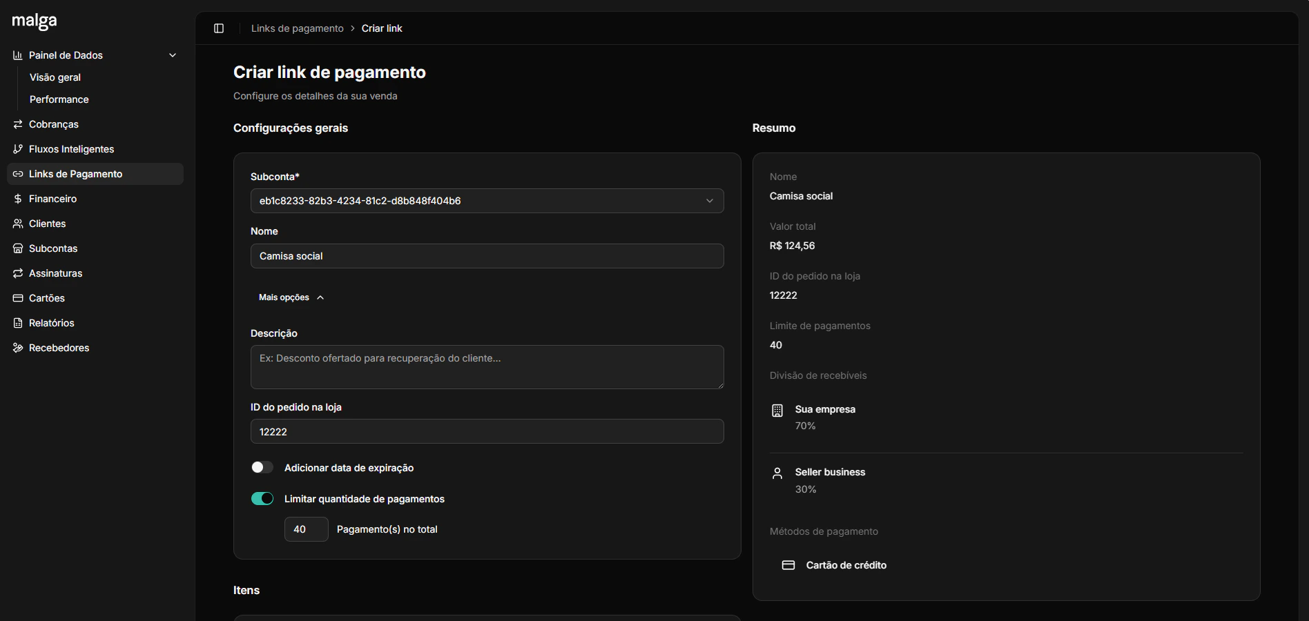 Tela de criação de link com o controle de limite de pagamentos habilitado
