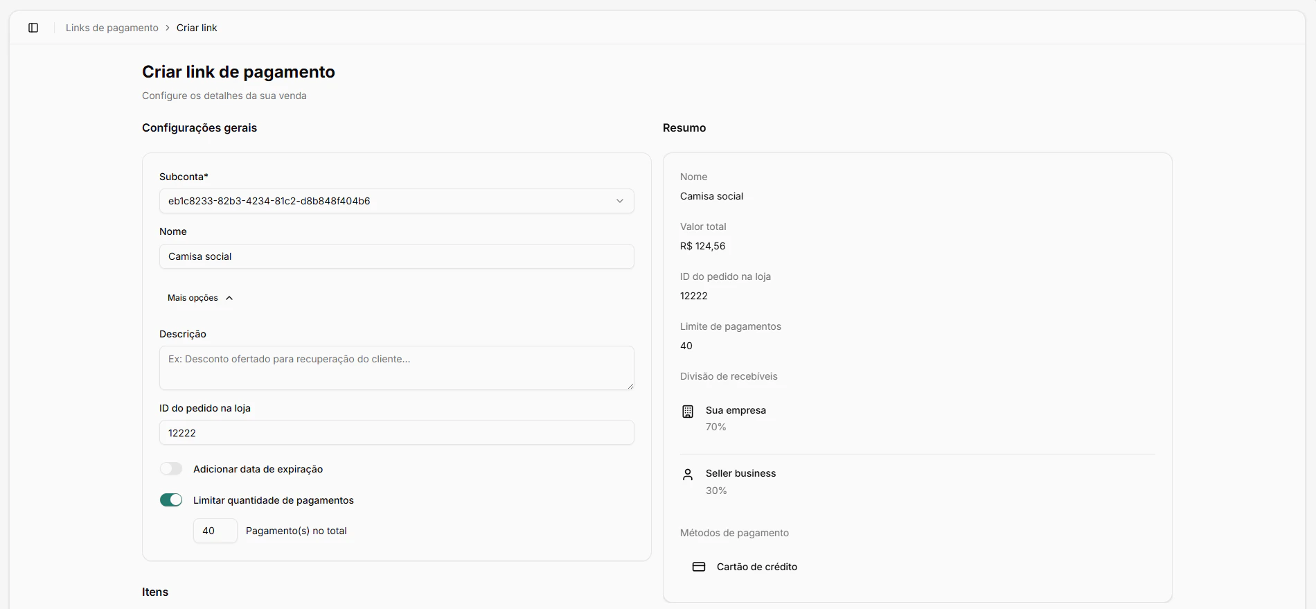 Tela de criação de link com o controle de limite de pagamentos habilitado