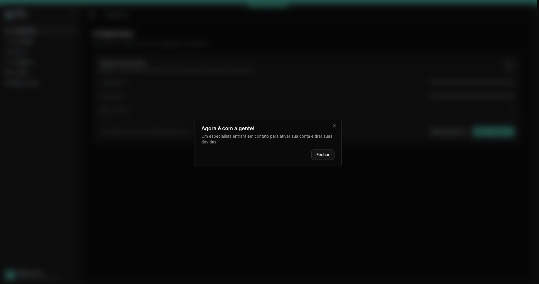 Interface de ativação de conta na Dashboard