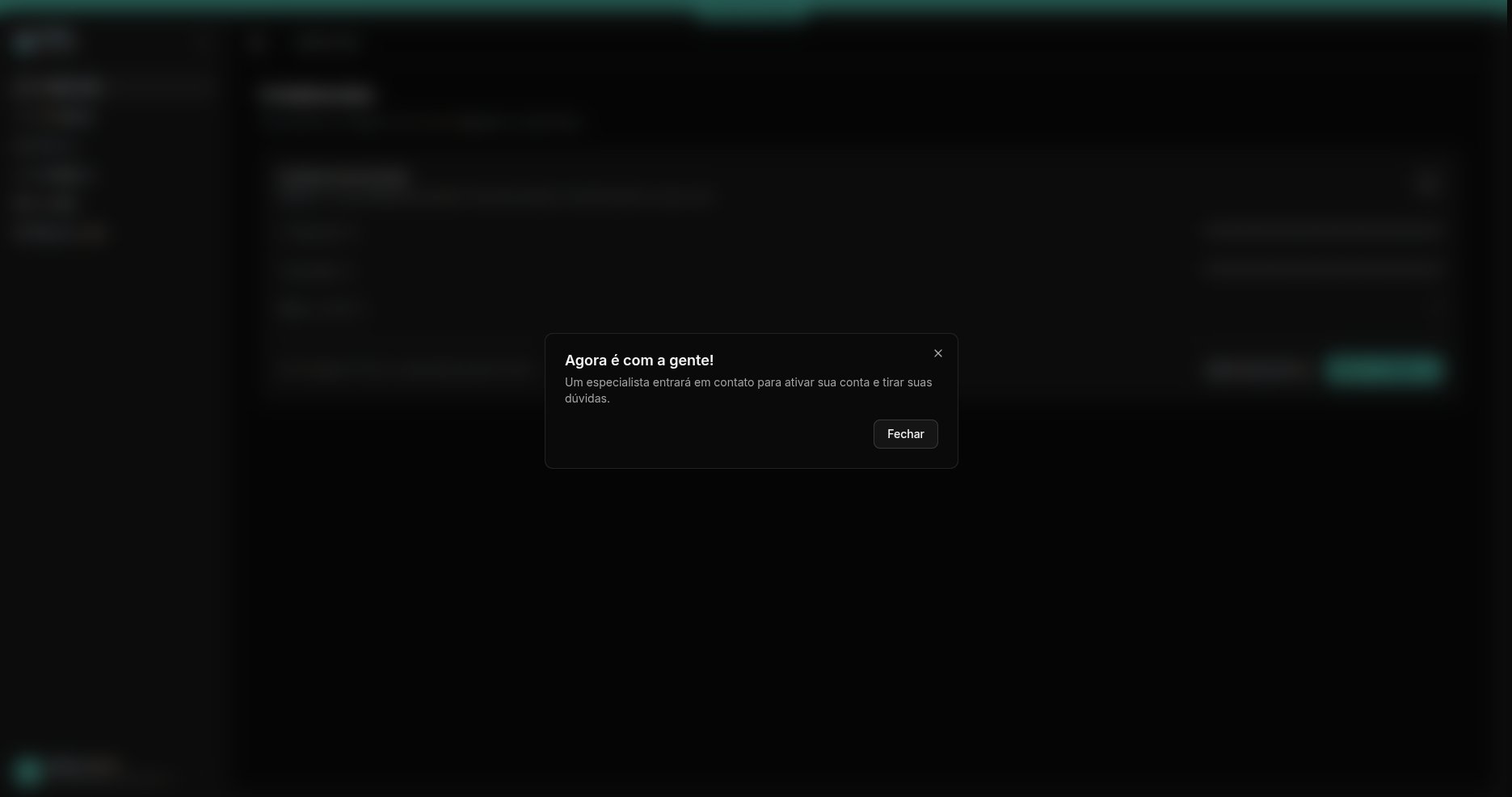 Interface de ativação de conta na Dashboard