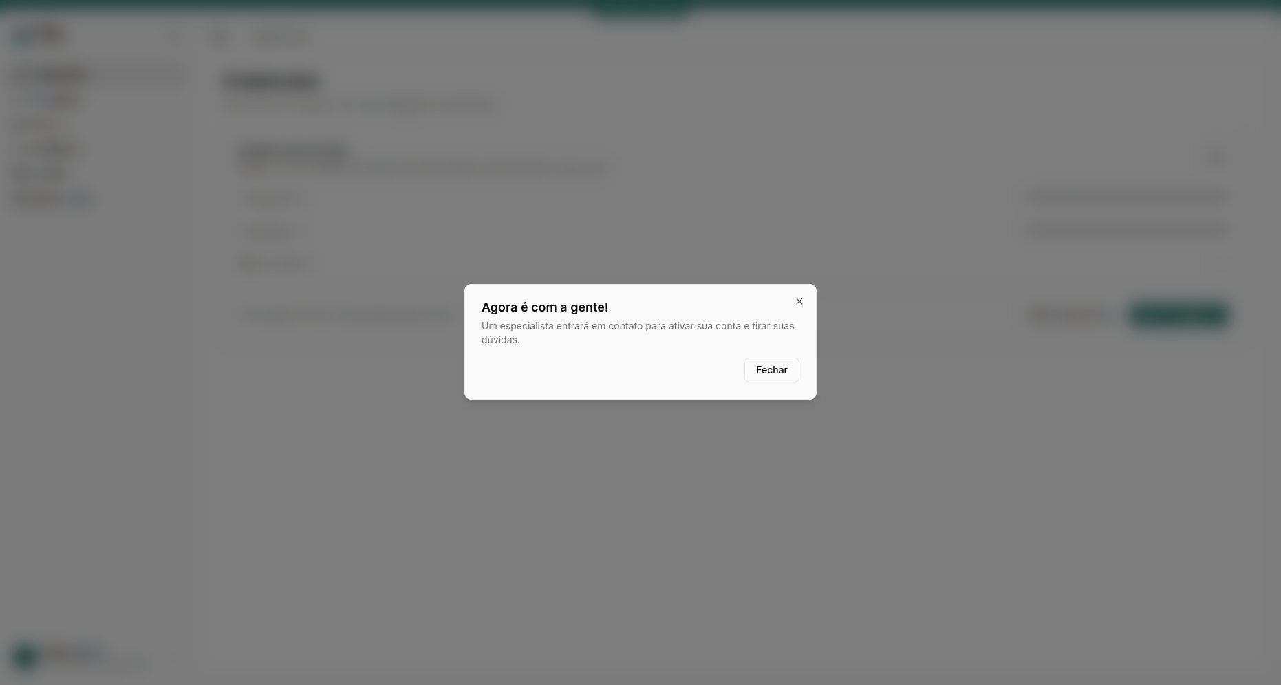 Interface de ativação de conta na Dashboard