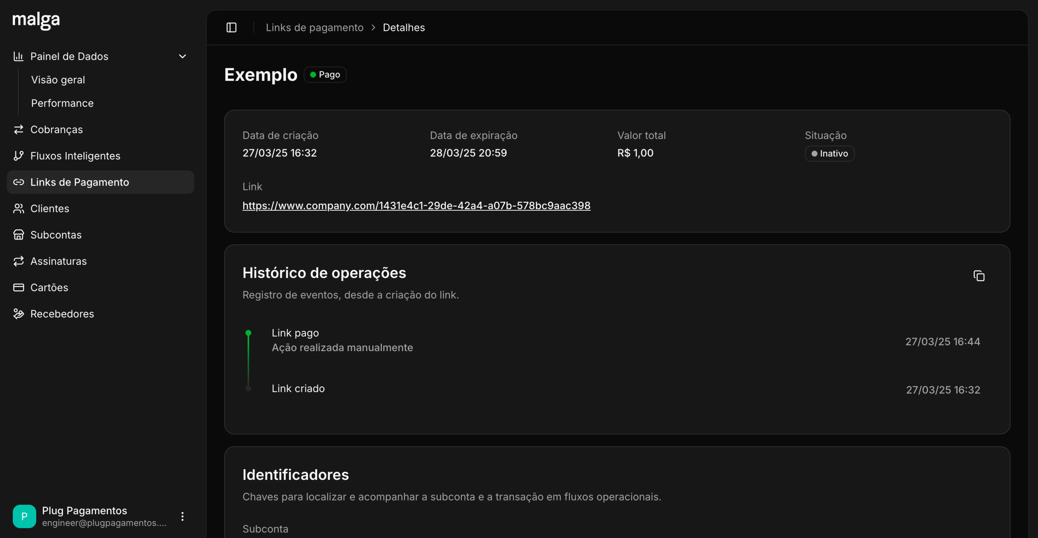 Tela de detalhes de um link de pagamento para acompanhar status e ações do link