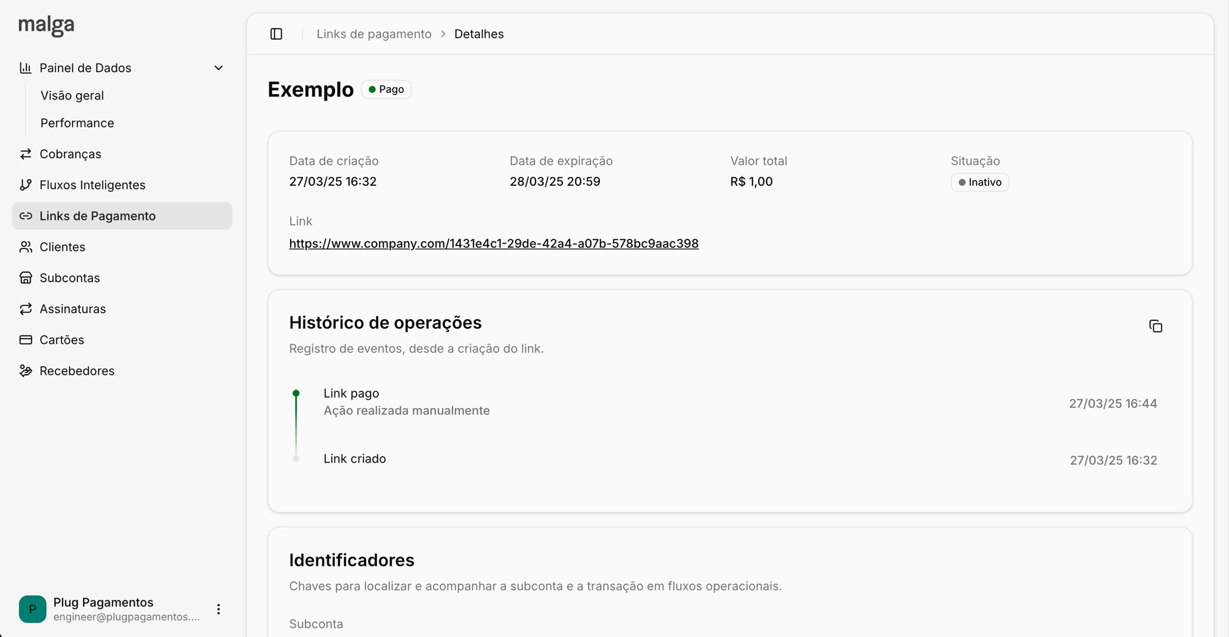 Tela de detalhes de um link de pagamento para acompanhar status e ações do link