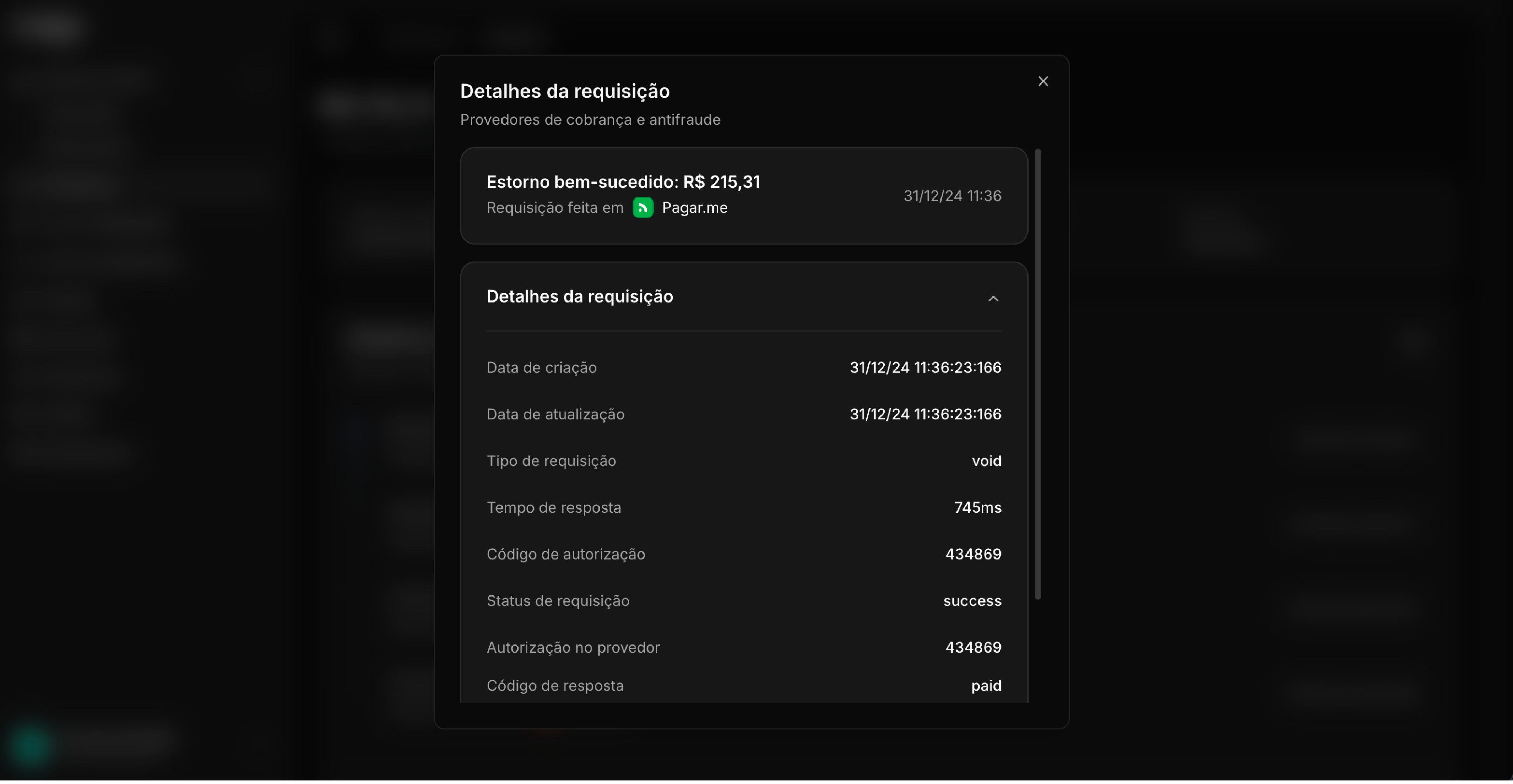 Detalhes de uma transação após estorno