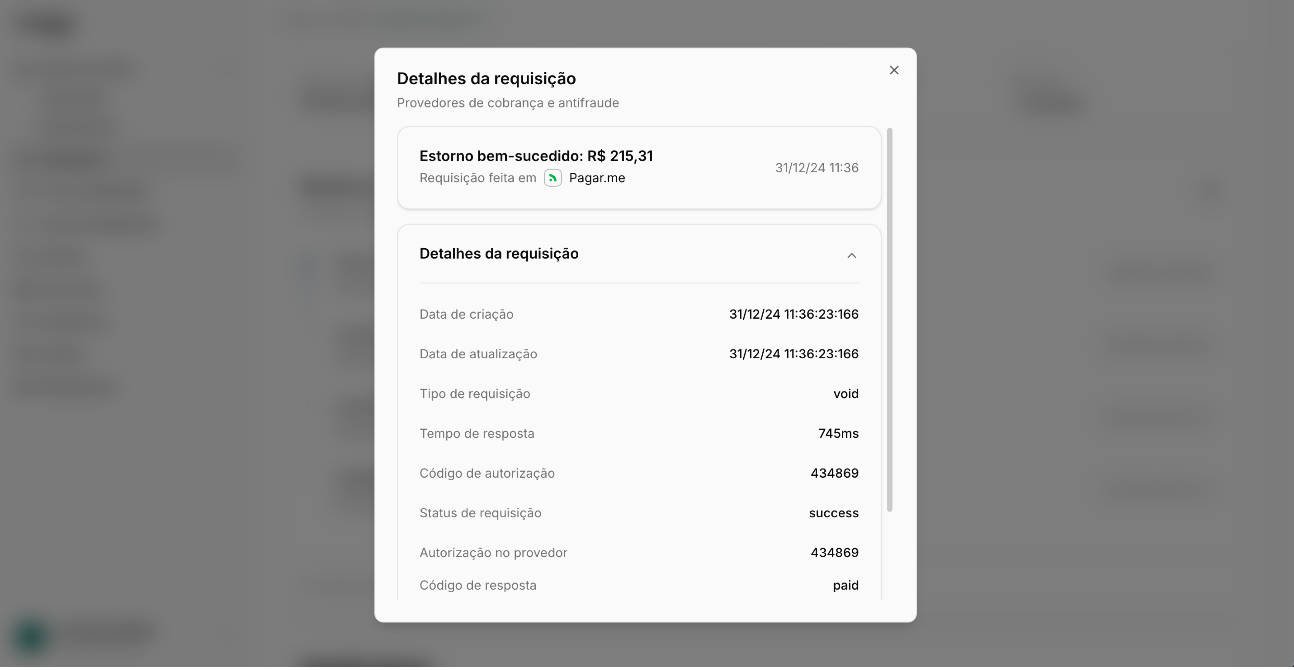 Detalhes de uma transação após estorno