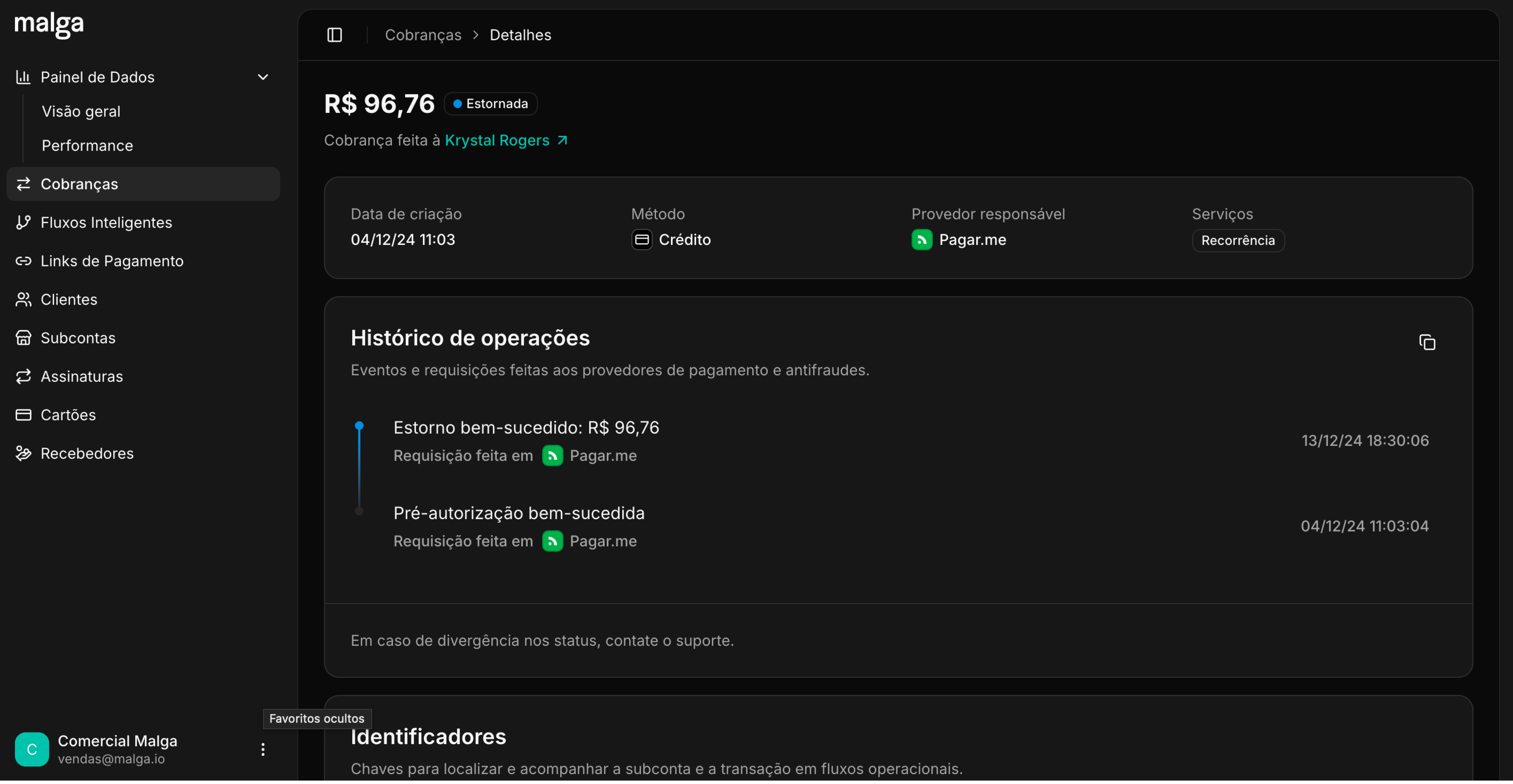 Histórico de Operações de uma cobrança pela sonda