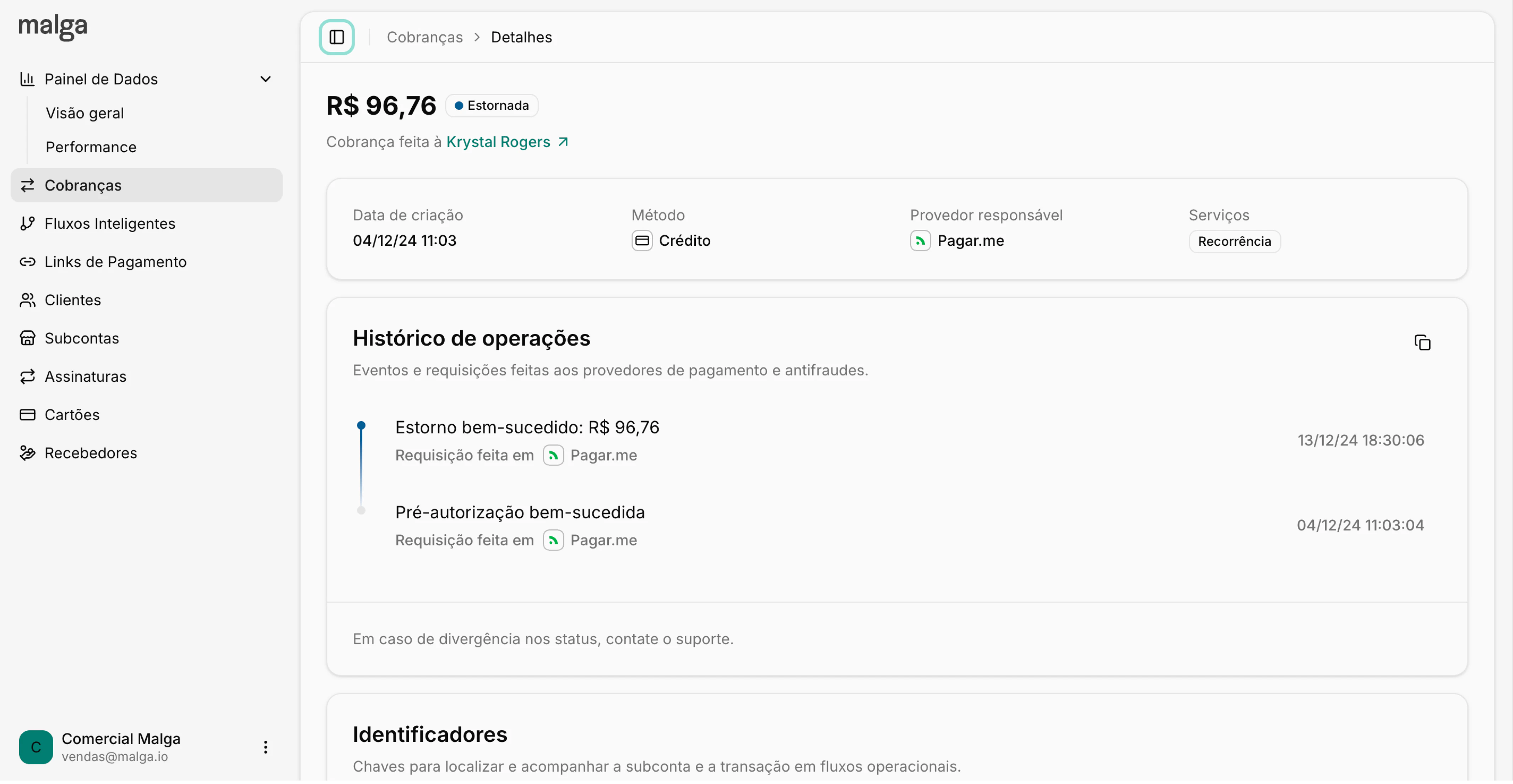 Histórico de Operações de uma cobrança pela sonda