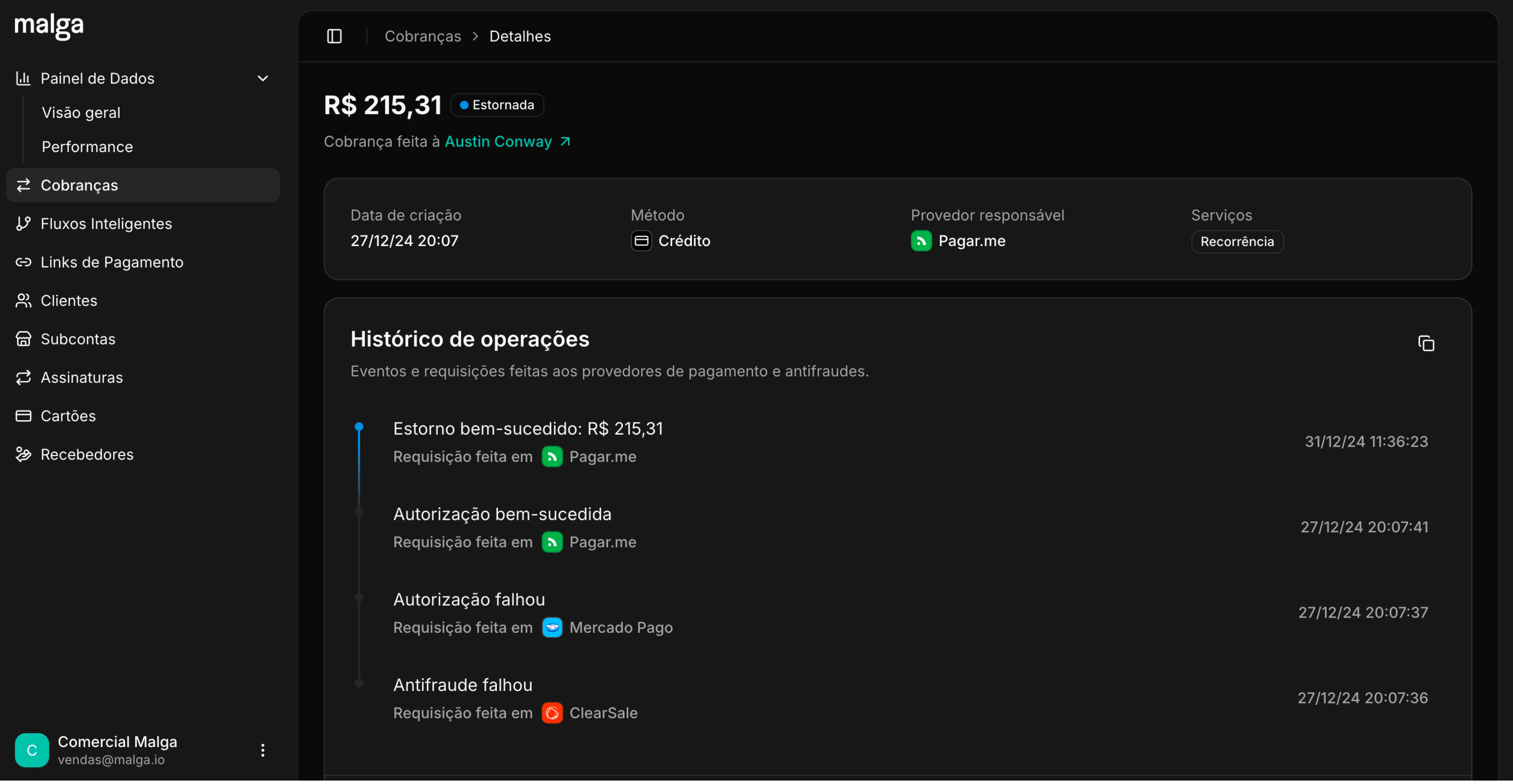 Cobrança com status Estornada