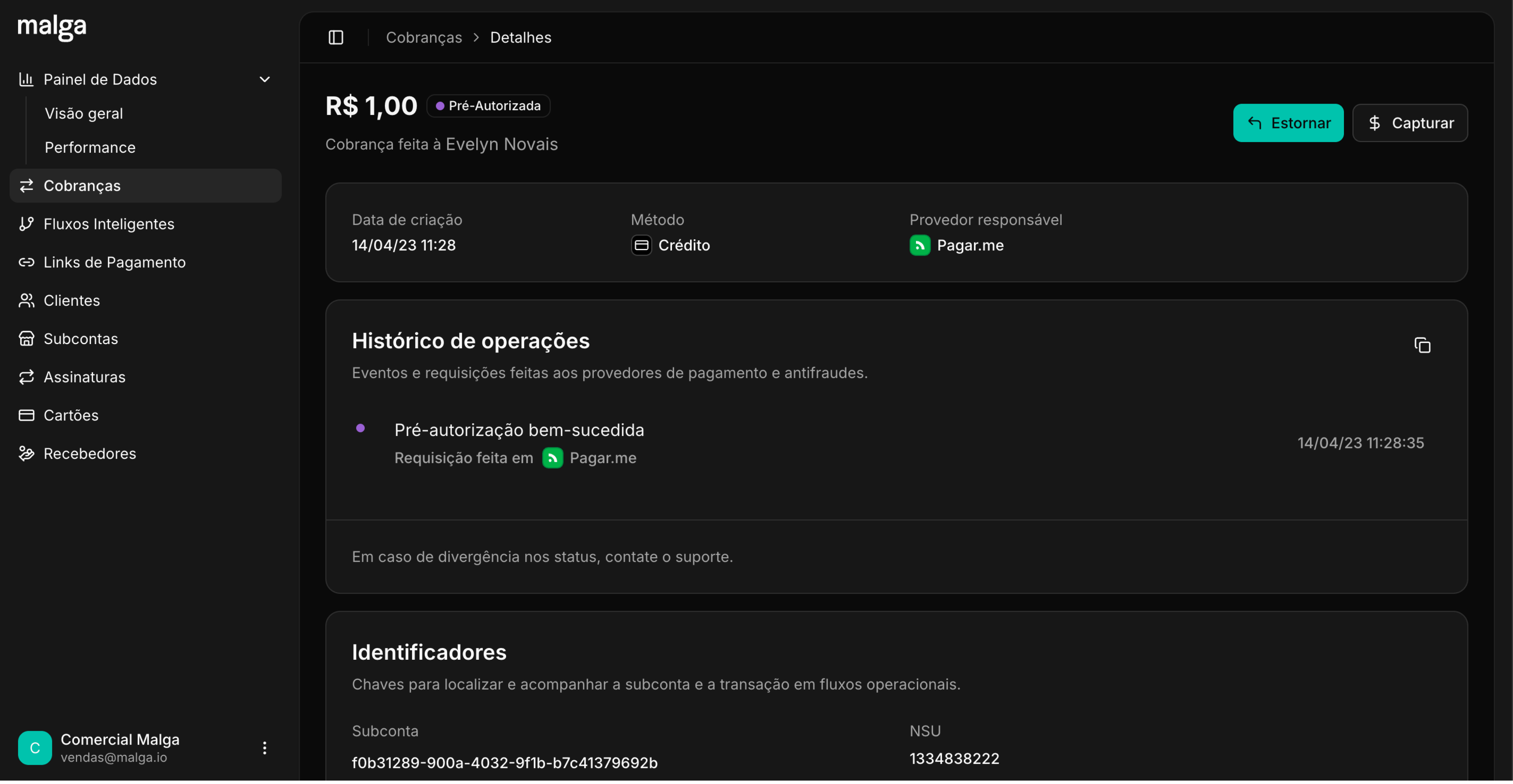 Estornar e Capturar no Detalhe de Cobrança