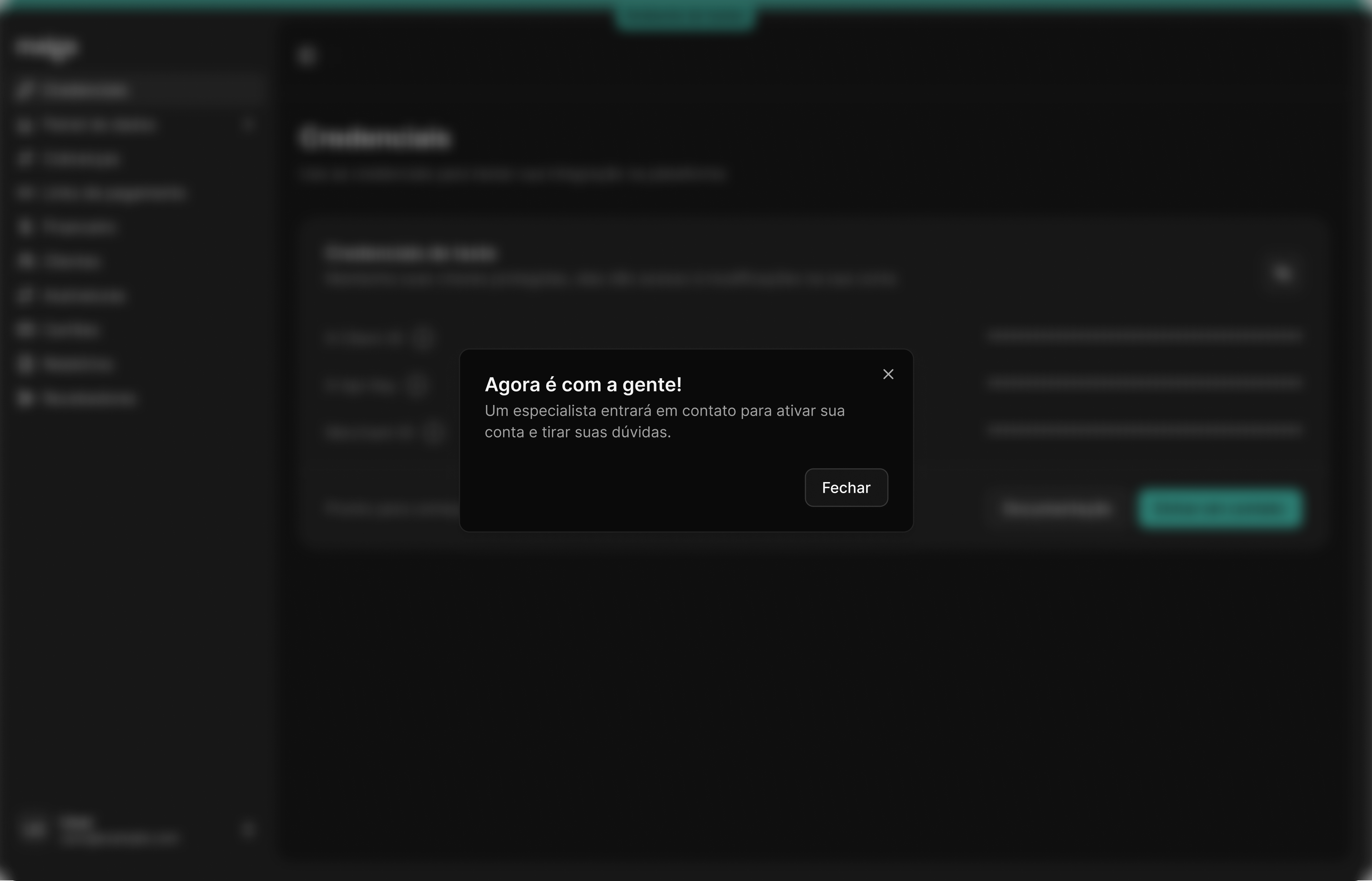 Interface de ativação de conta na Dashboard
