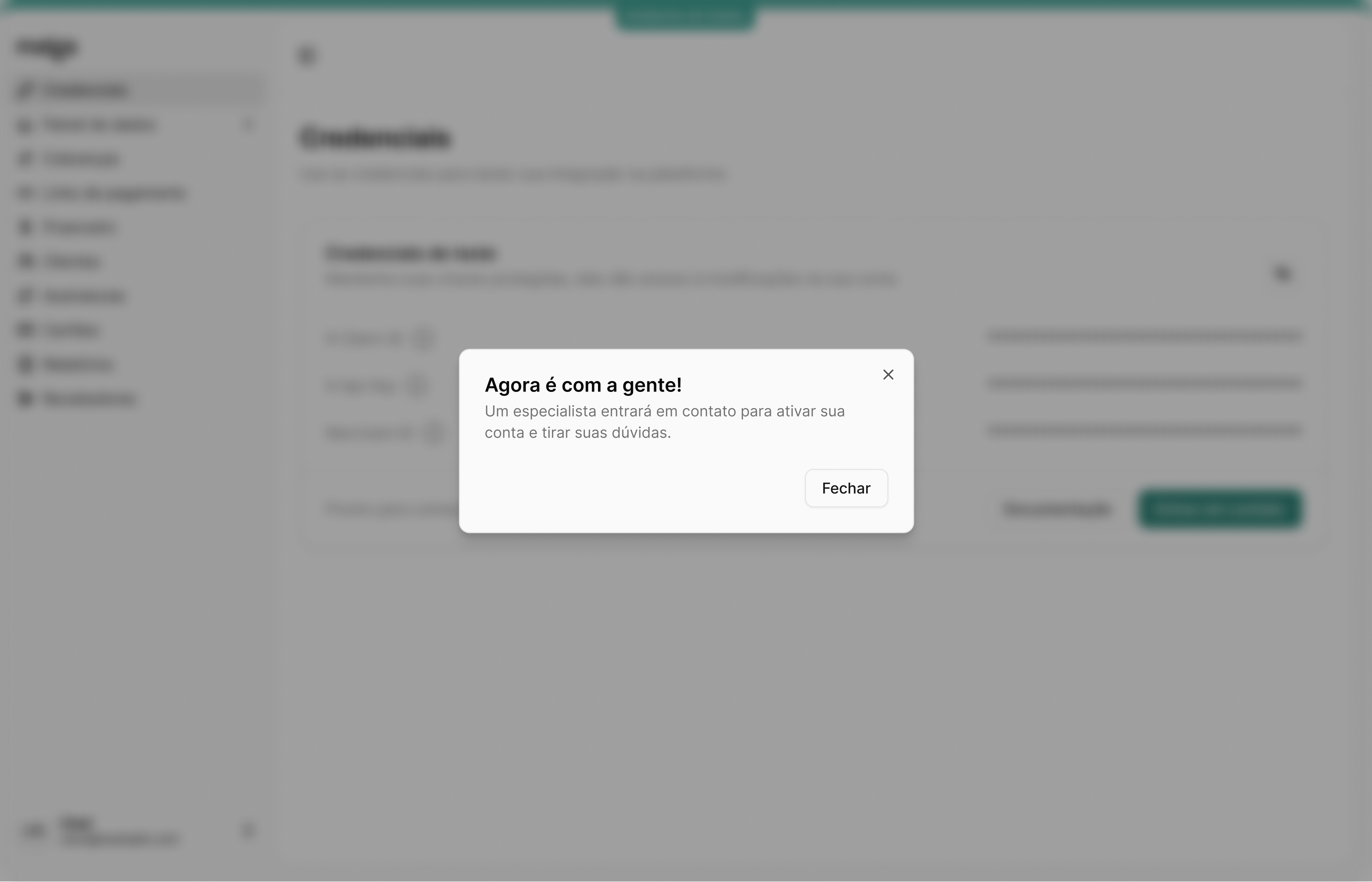 Interface de ativação de conta na Dashboard