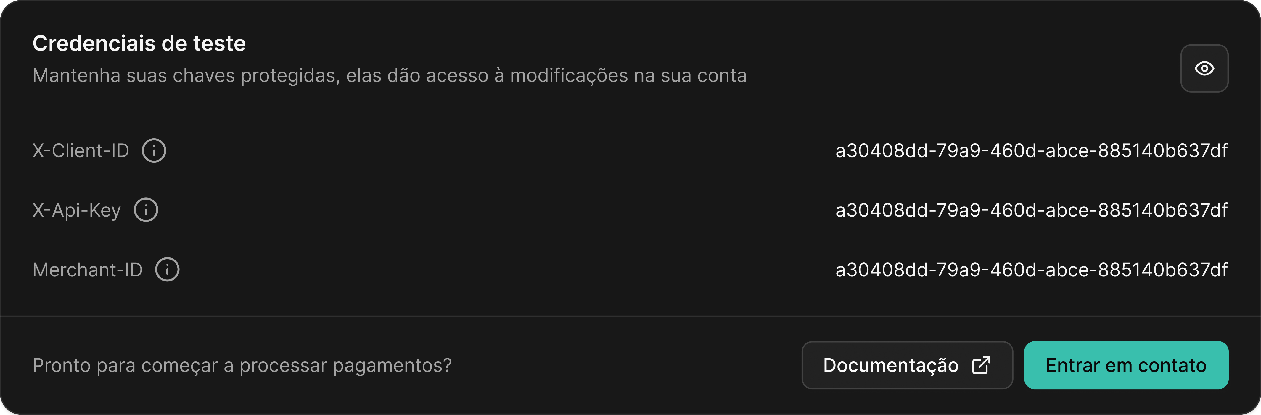 Interface de chaves na Dashboard