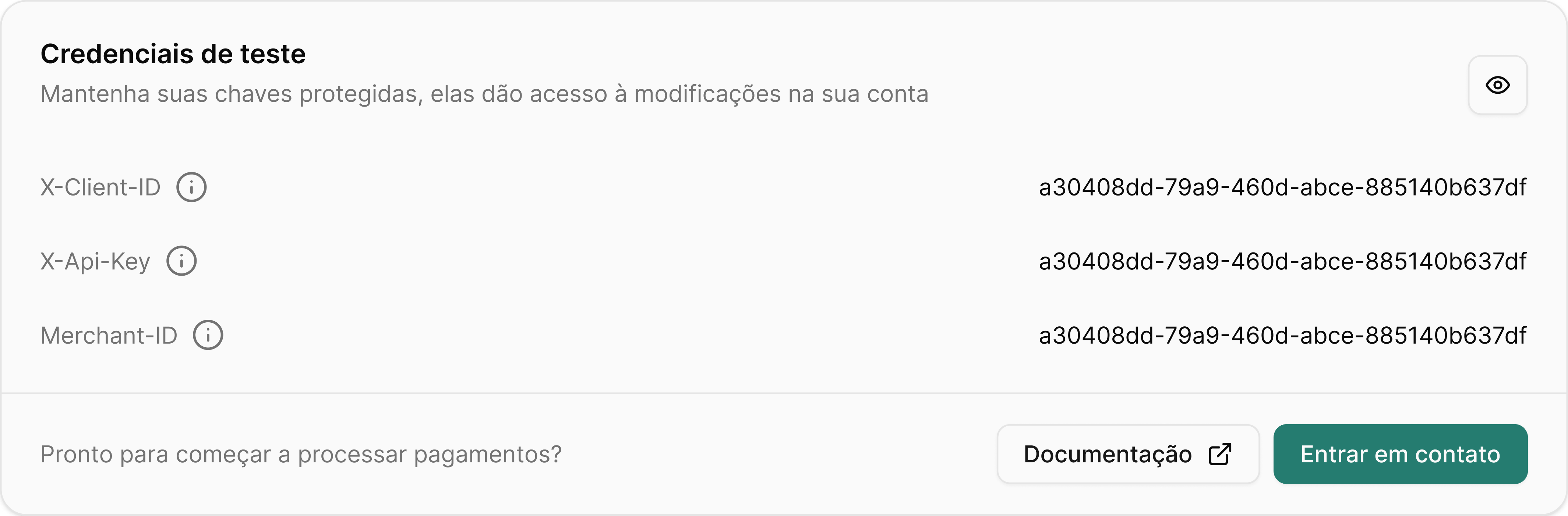 Interface de chaves na Dashboard