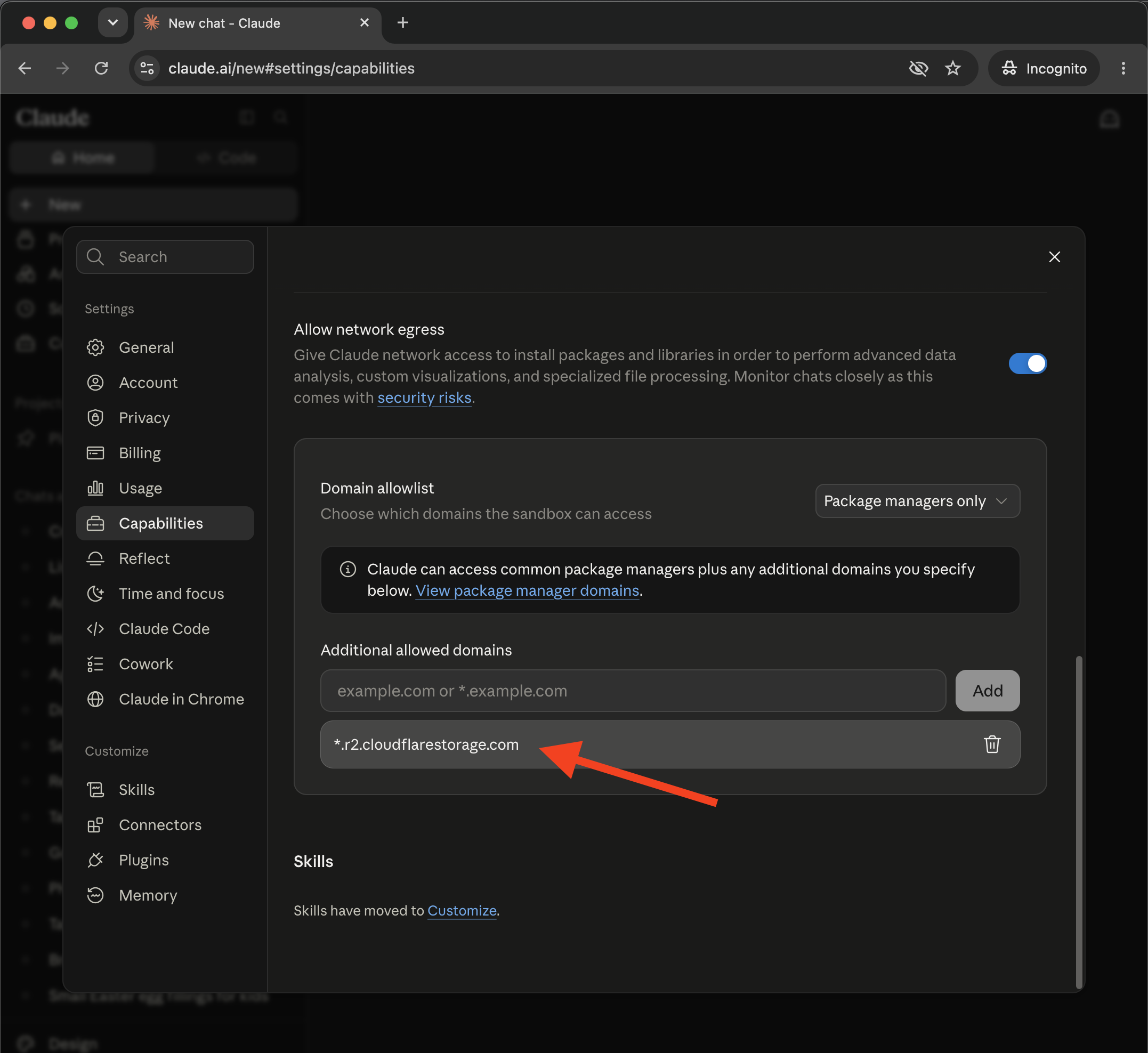 Claude additional allowed domains interface