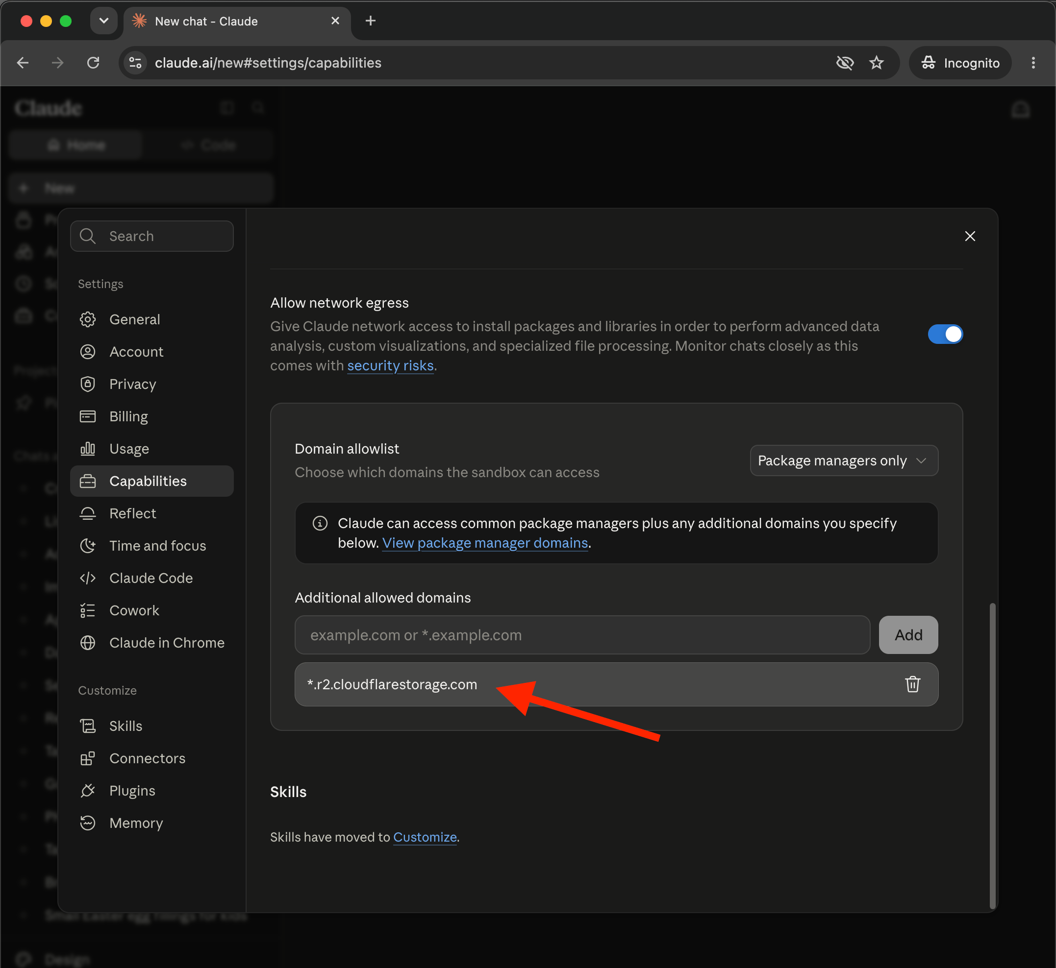 Claude additional allowed domains interface