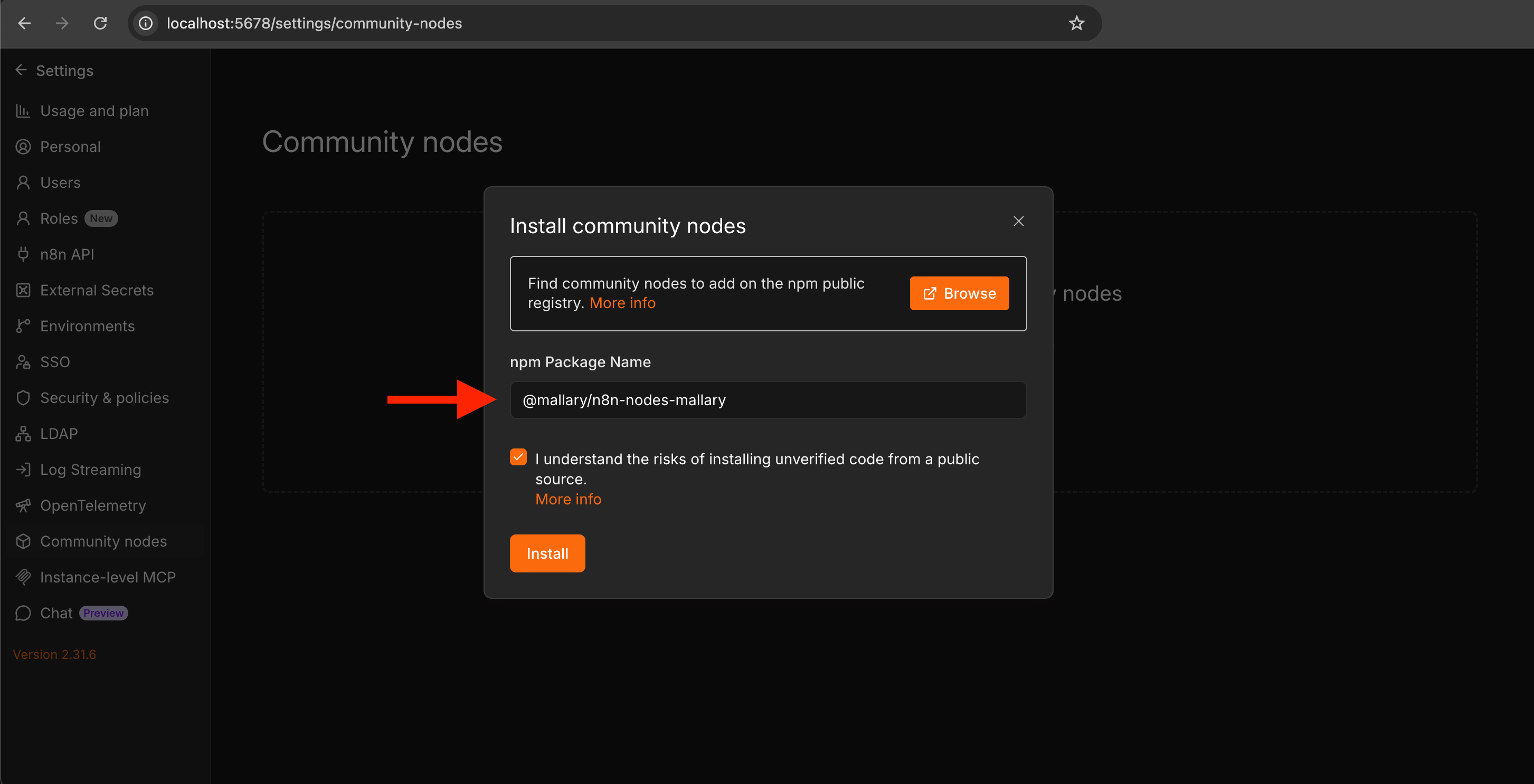 The n8n community node install dialog with the Mallary package name entered