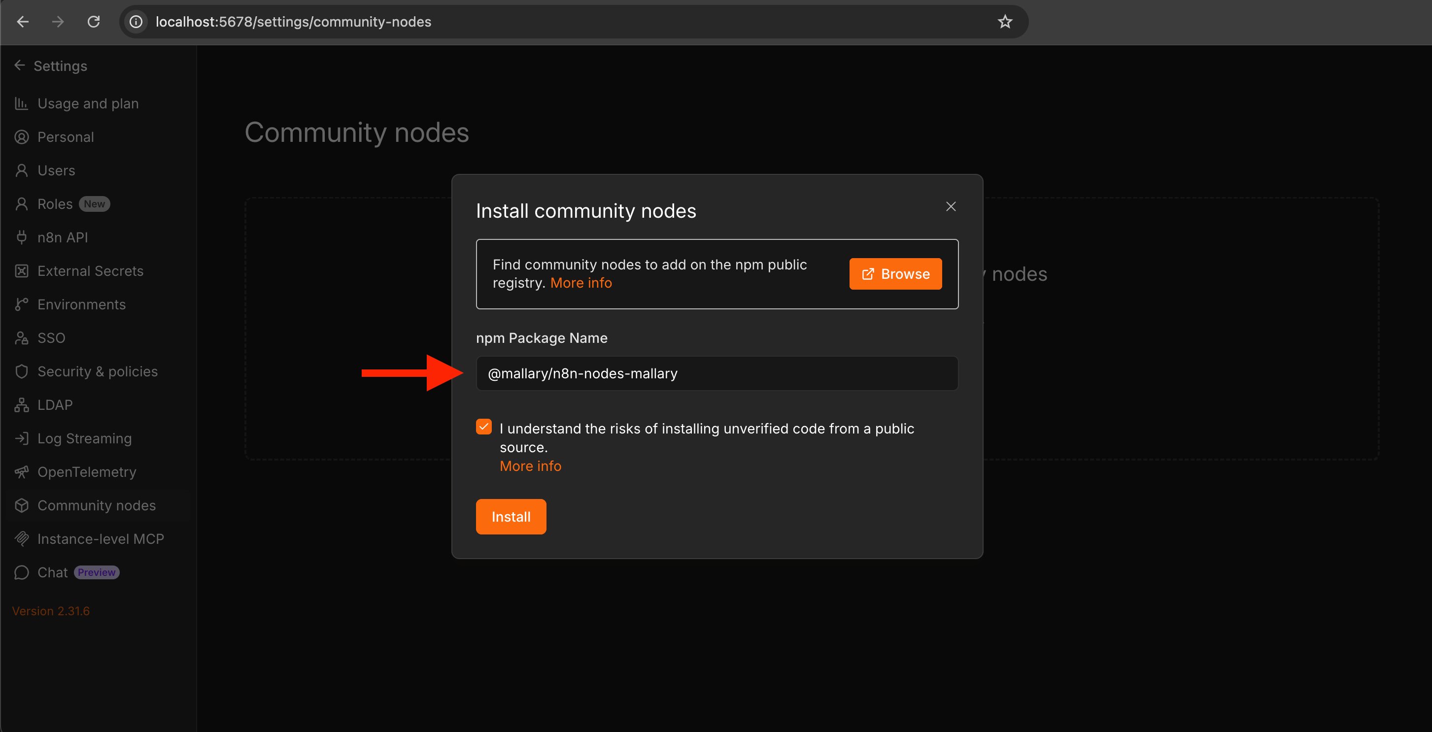 The n8n community node install dialog with the Mallary package name entered