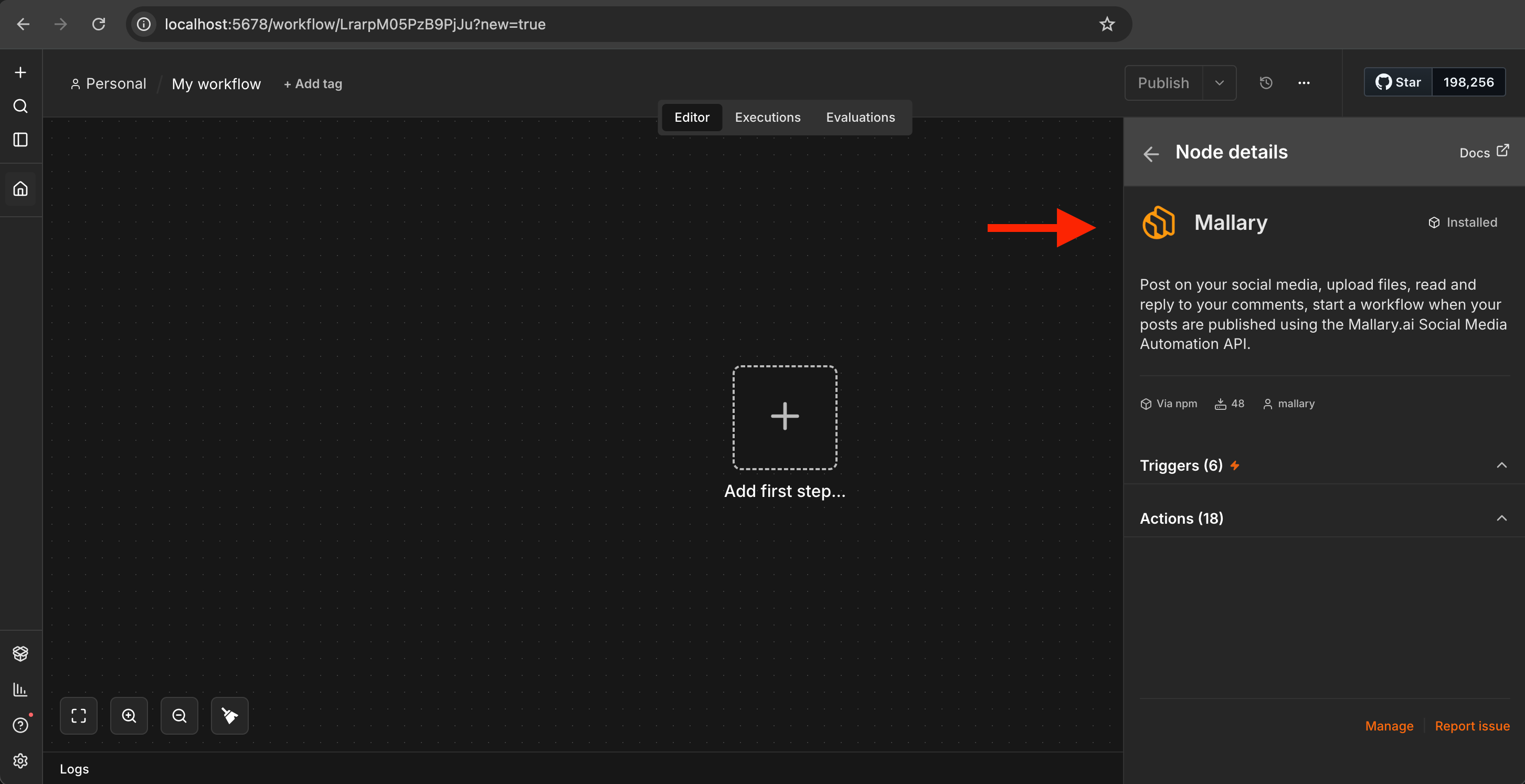 The n8n nodes panel with Mallary in the search box