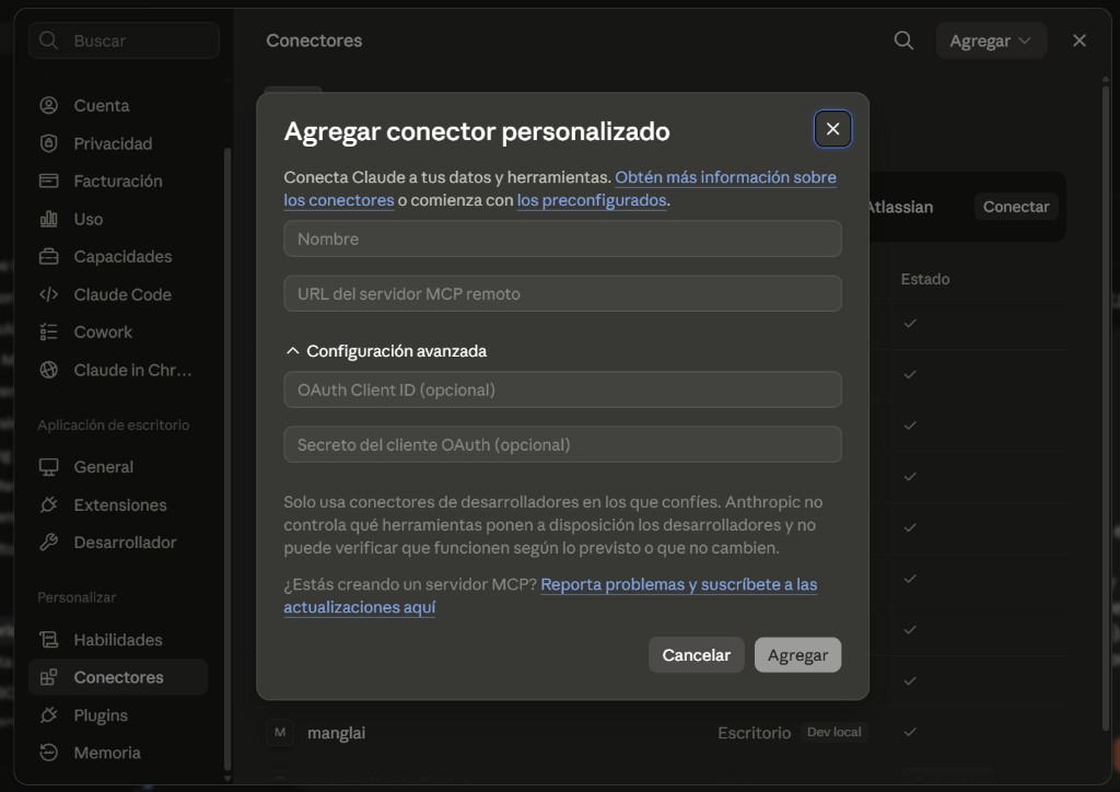 Modal Agregar conector personalizado en Claude Desktop