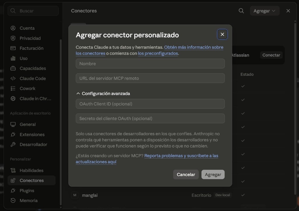 Modal Agregar conector personalizado en Claude Desktop