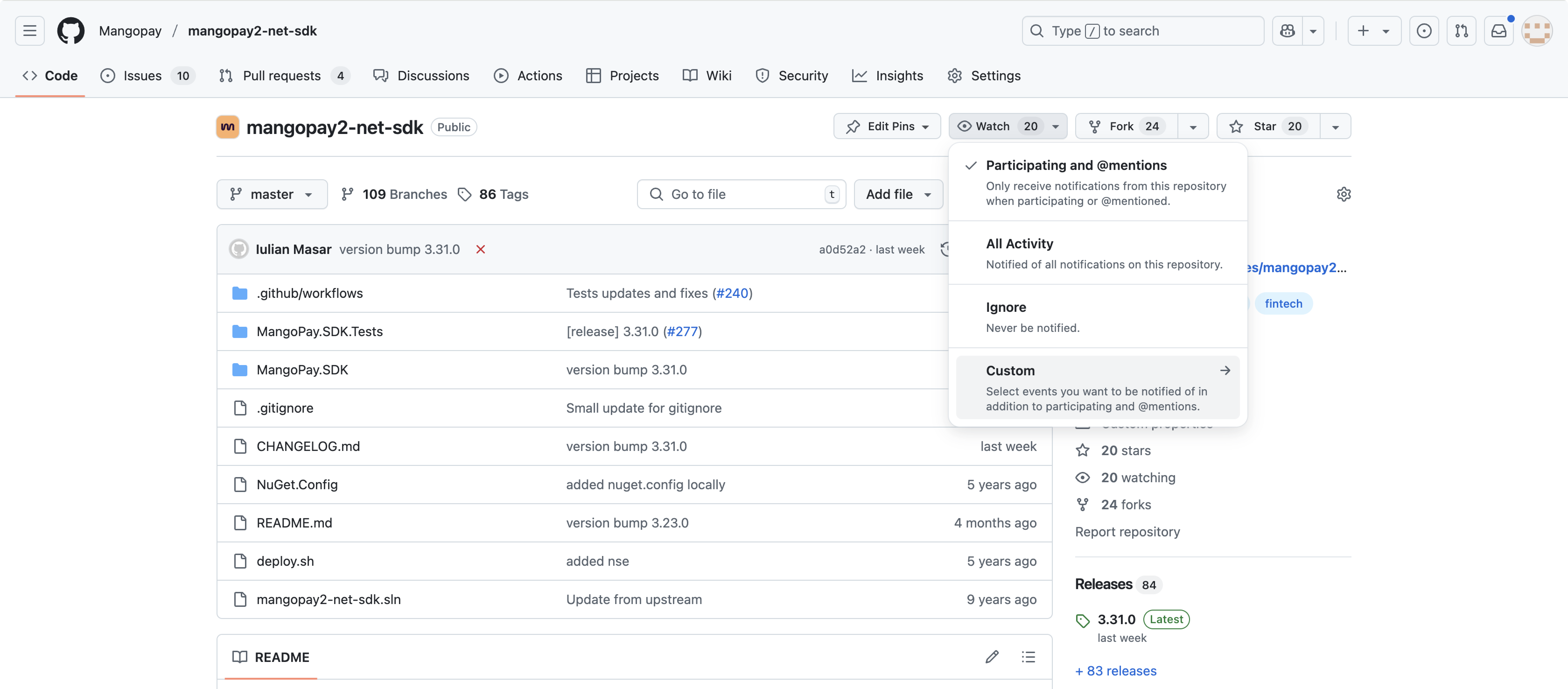 screenshot of the GitHub repository for the Mangopay .Net SDK with the Watch button clicked