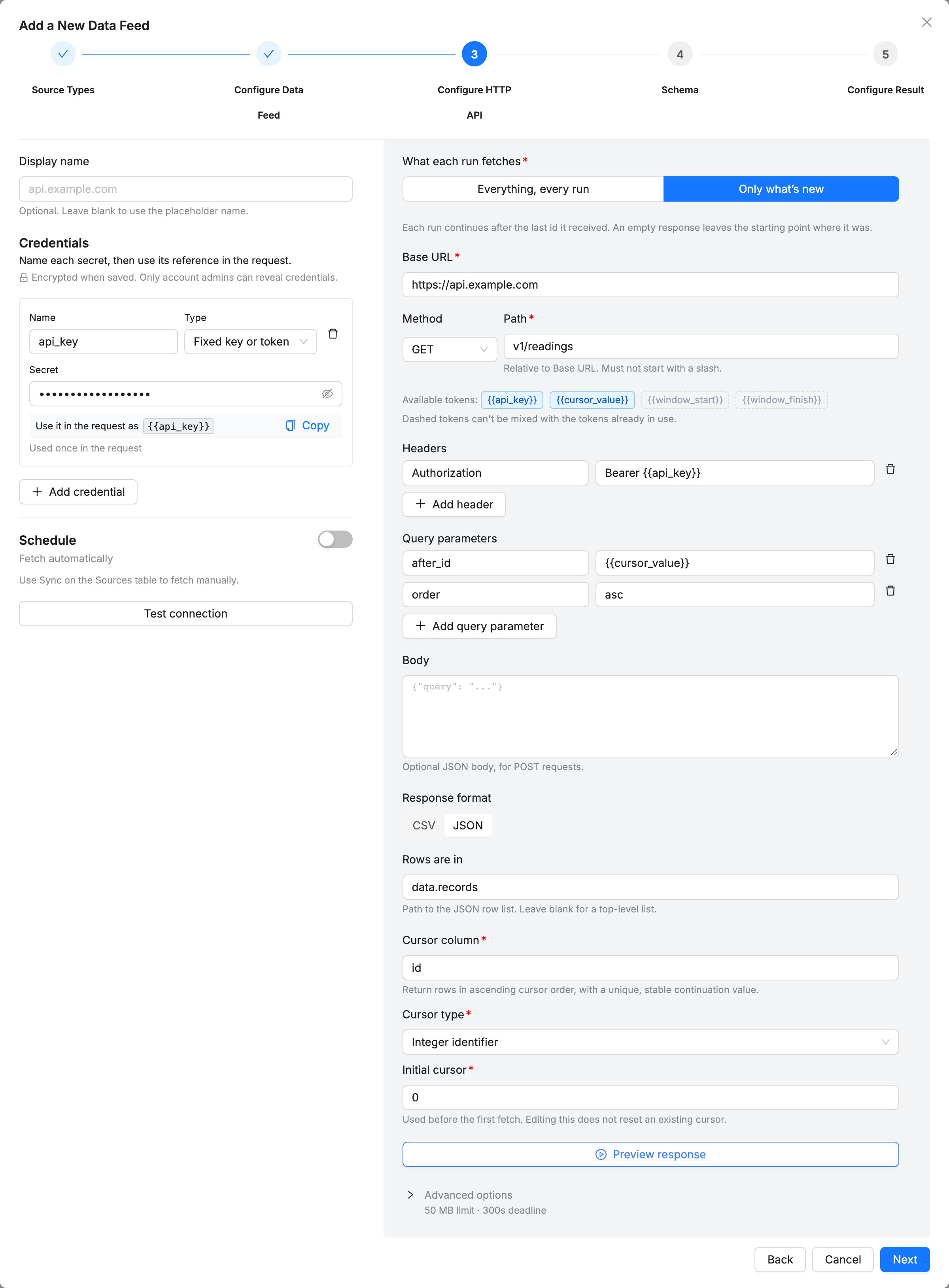 HTTP API source form with an api_key credential on the left, and on the right Only what's new selected, a GET request to v1/readings on https://api.example.com with an Authorization header, after_id and order query parameters, JSON rows in data.records, and an id cursor column of type Integer identifier starting at 0