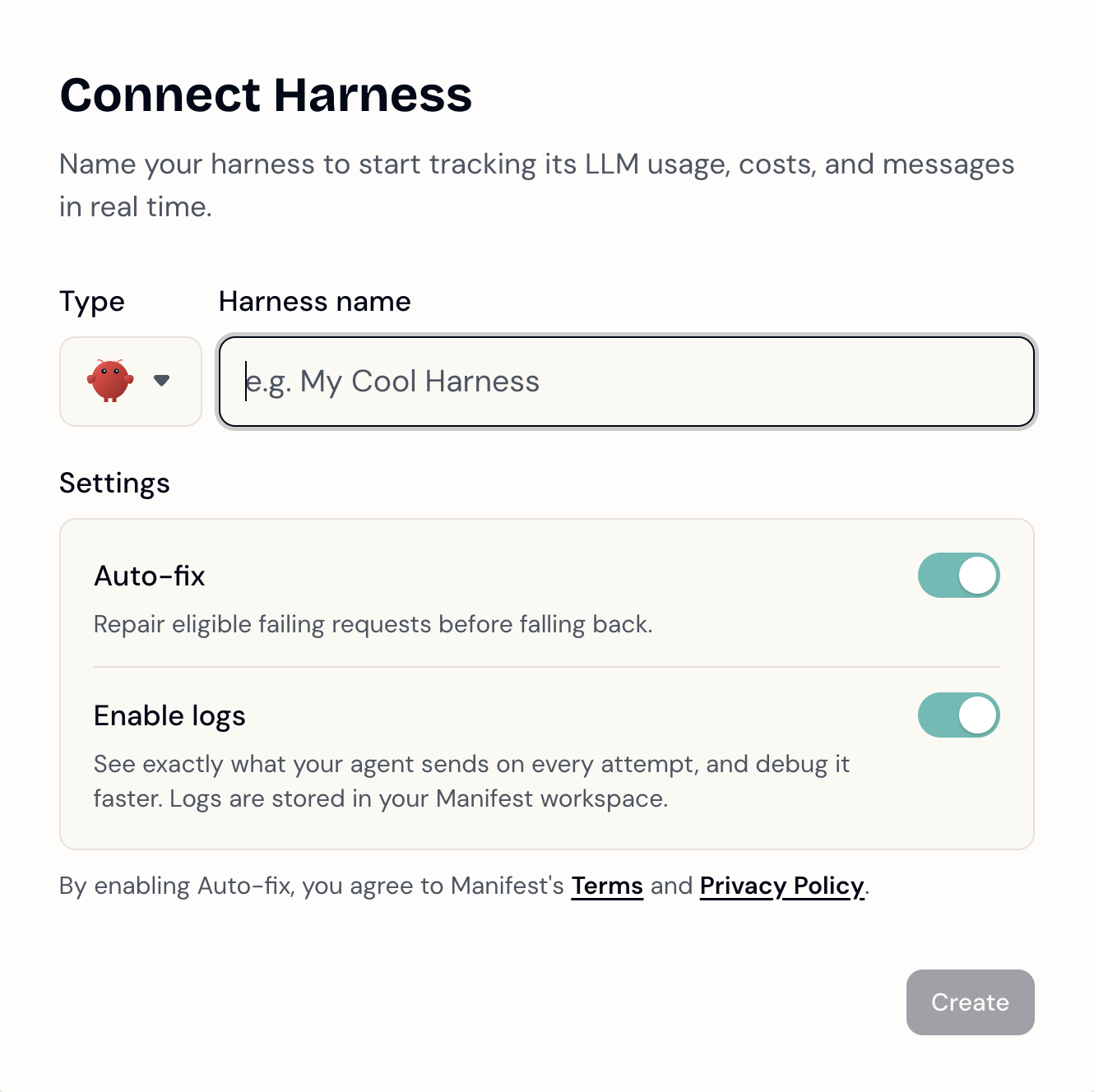 The Connect Harness modal with the Autofix toggle switched on under the name field