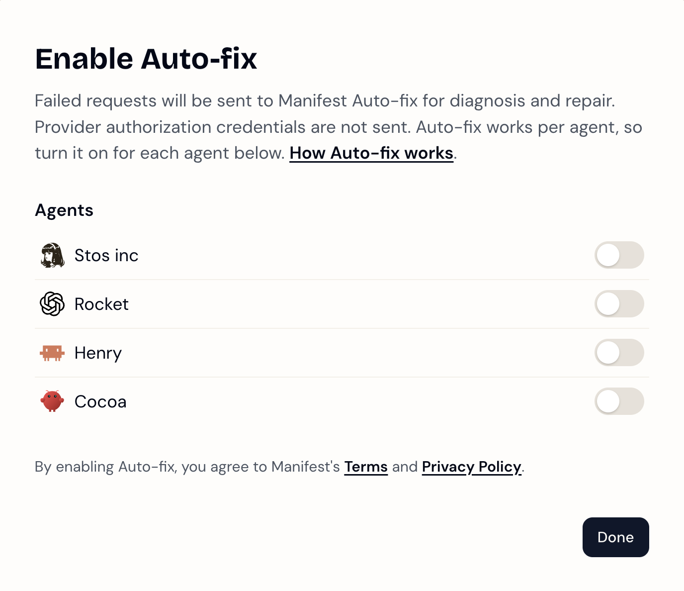 The Enable Autofix modal listing harnesses that have Autofix off, each with its own toggle