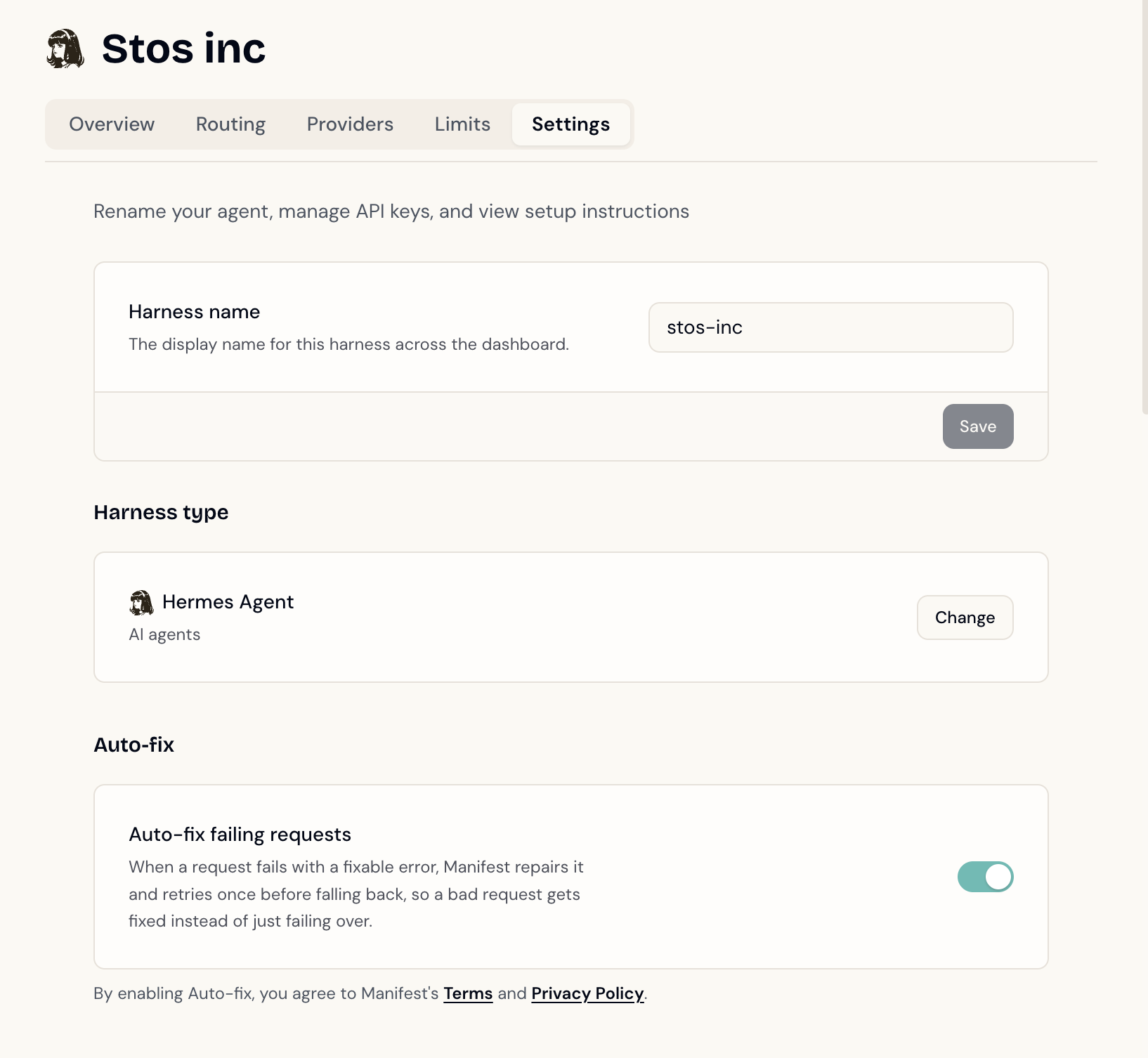 A harness's Settings page with the Autofix failing requests toggle switched on