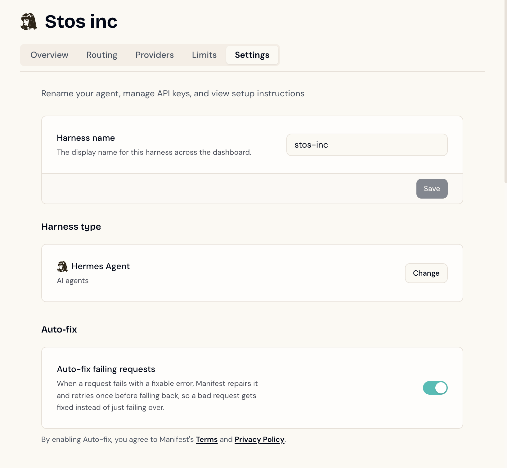 A harness's Settings page with the Autofix failing requests toggle switched on
