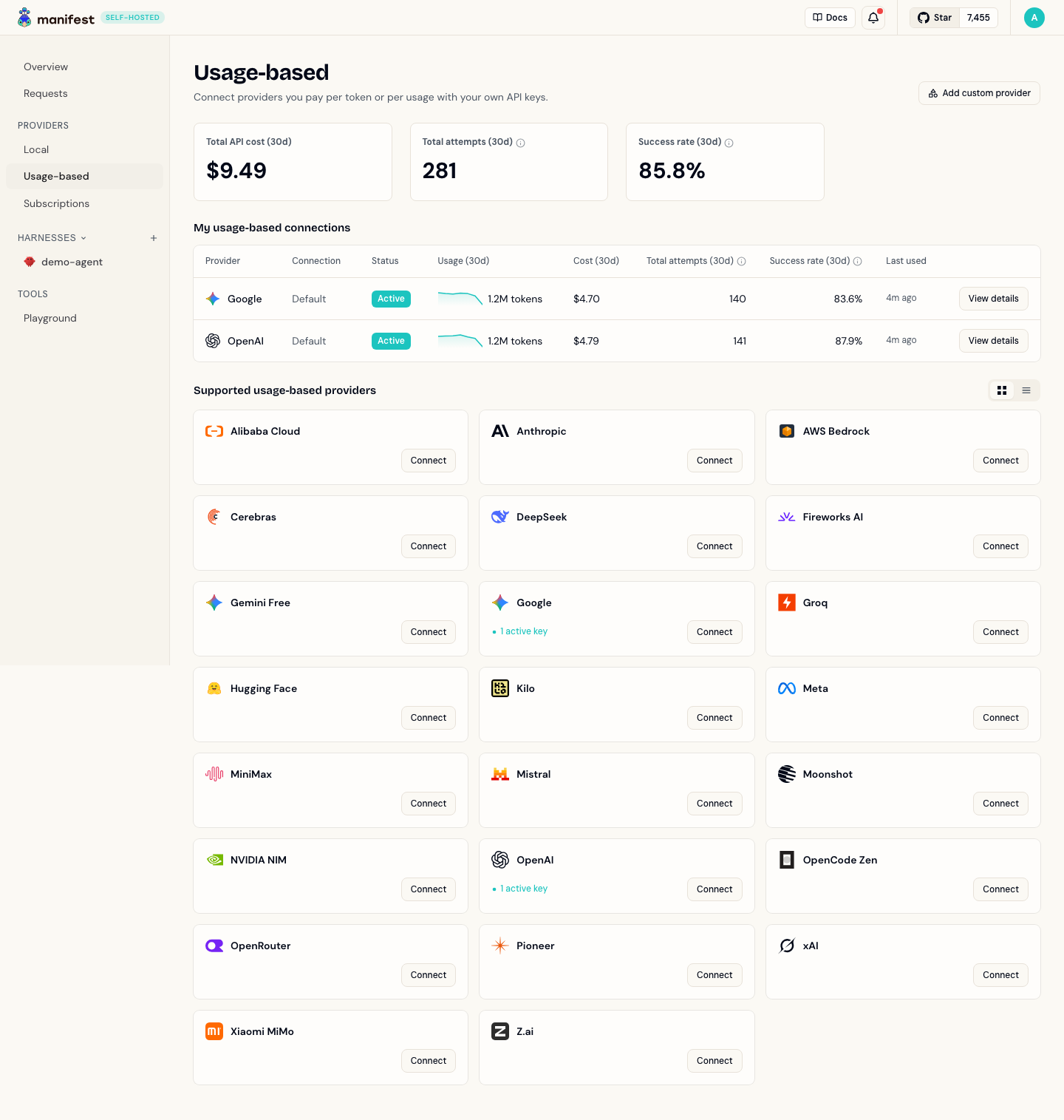 The Providers → Usage-based page showing the sidebar Providers section, the connections table, and the grid of supported provider cards with Connect buttons
