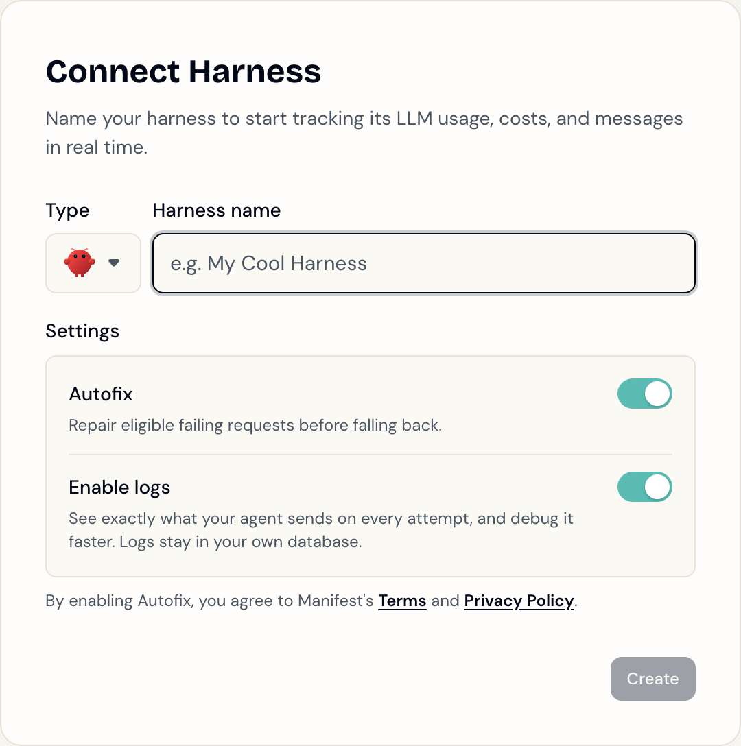 The Connect Harness modal with the Autofix toggle switched on under the name field