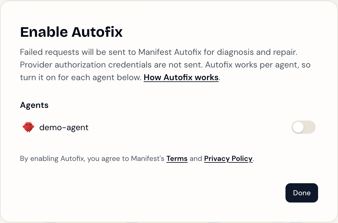 The Enable Autofix modal listing harnesses that have Autofix off, each with its own toggle