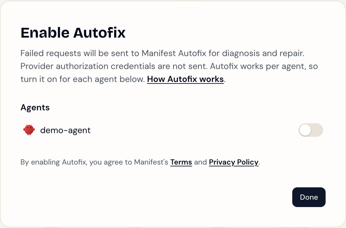 The Enable Autofix modal listing harnesses that have Autofix off, each with its own toggle