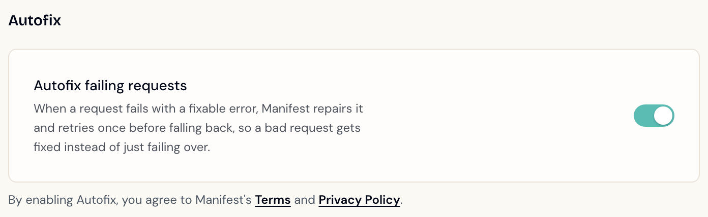 A harness's Settings page with the Autofix failing requests toggle switched on