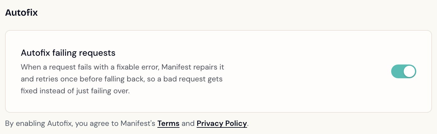 A harness's Settings page with the Autofix failing requests toggle switched on