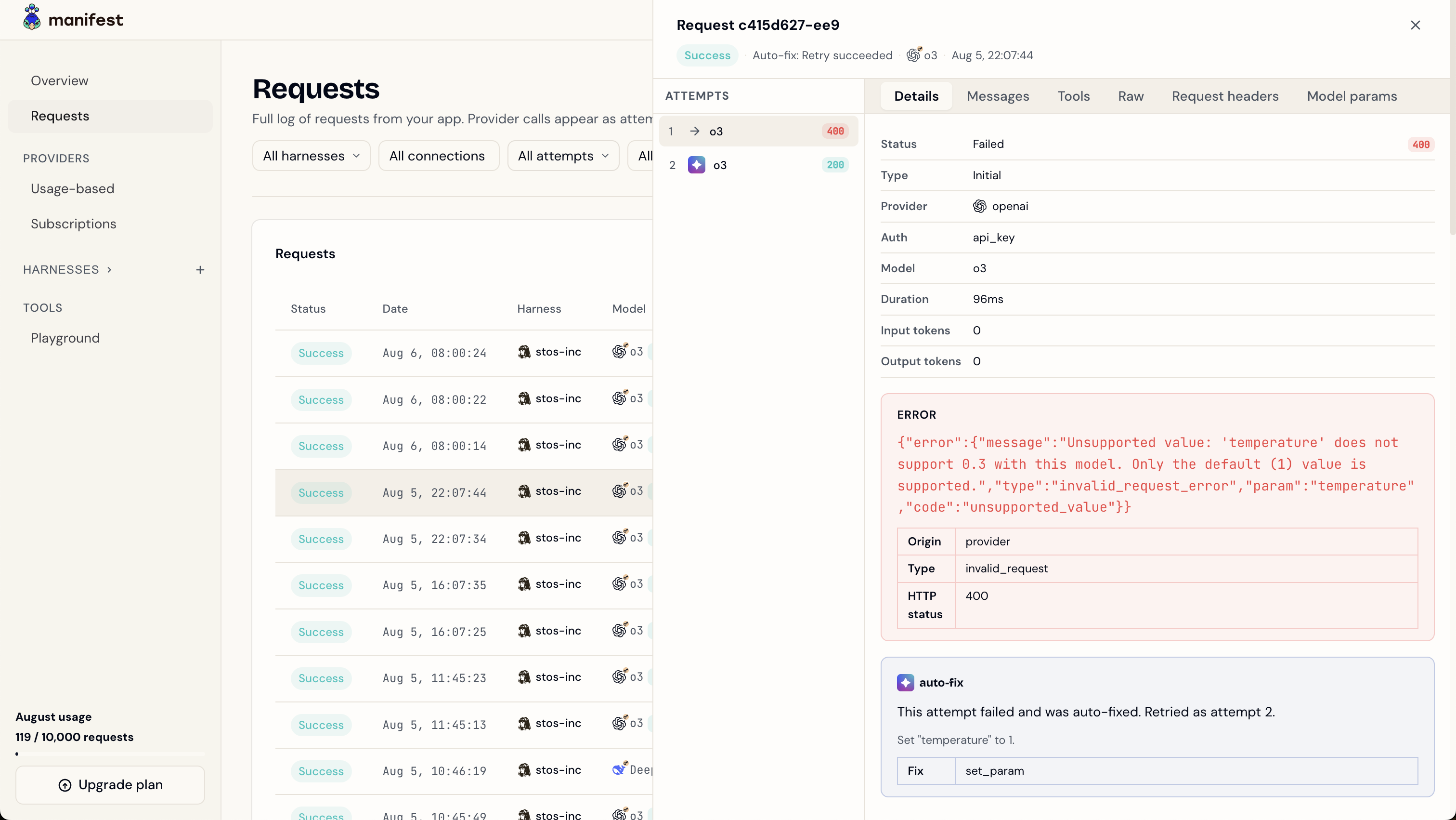 A request opened on the Requests page, showing the Attempts list and the per-attempt tabs
