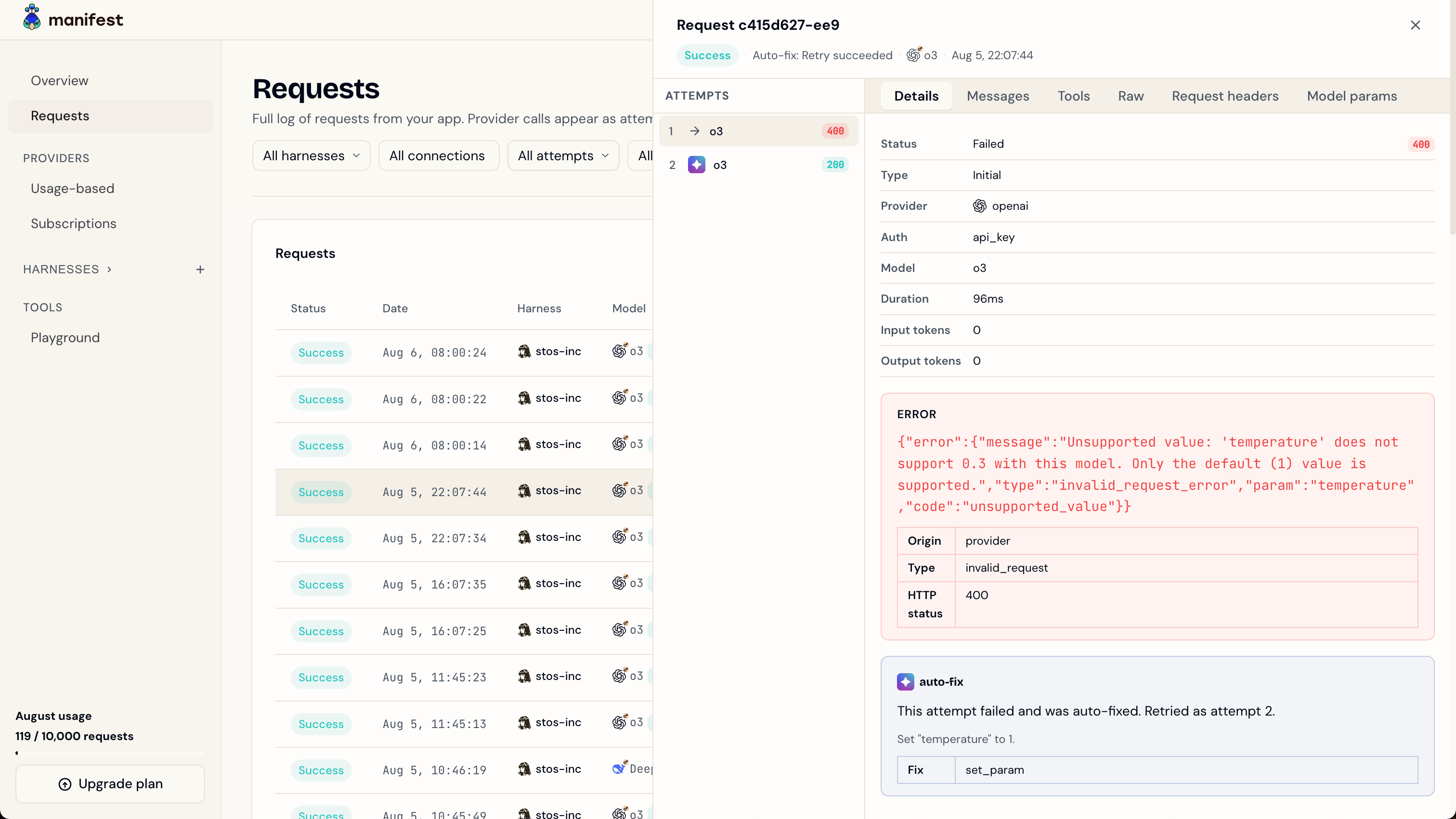 A request opened on the Requests page, showing the Attempts list and the per-attempt tabs