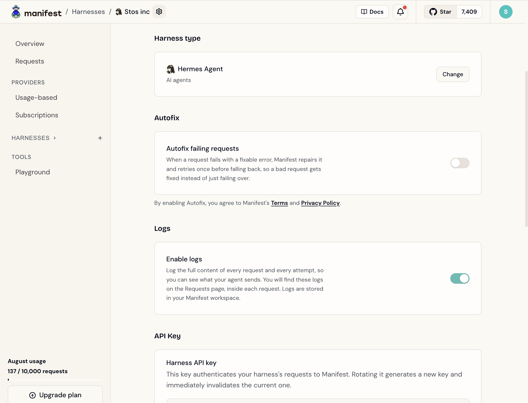 A harness Settings page with the Logs section and the Enable logs switch on